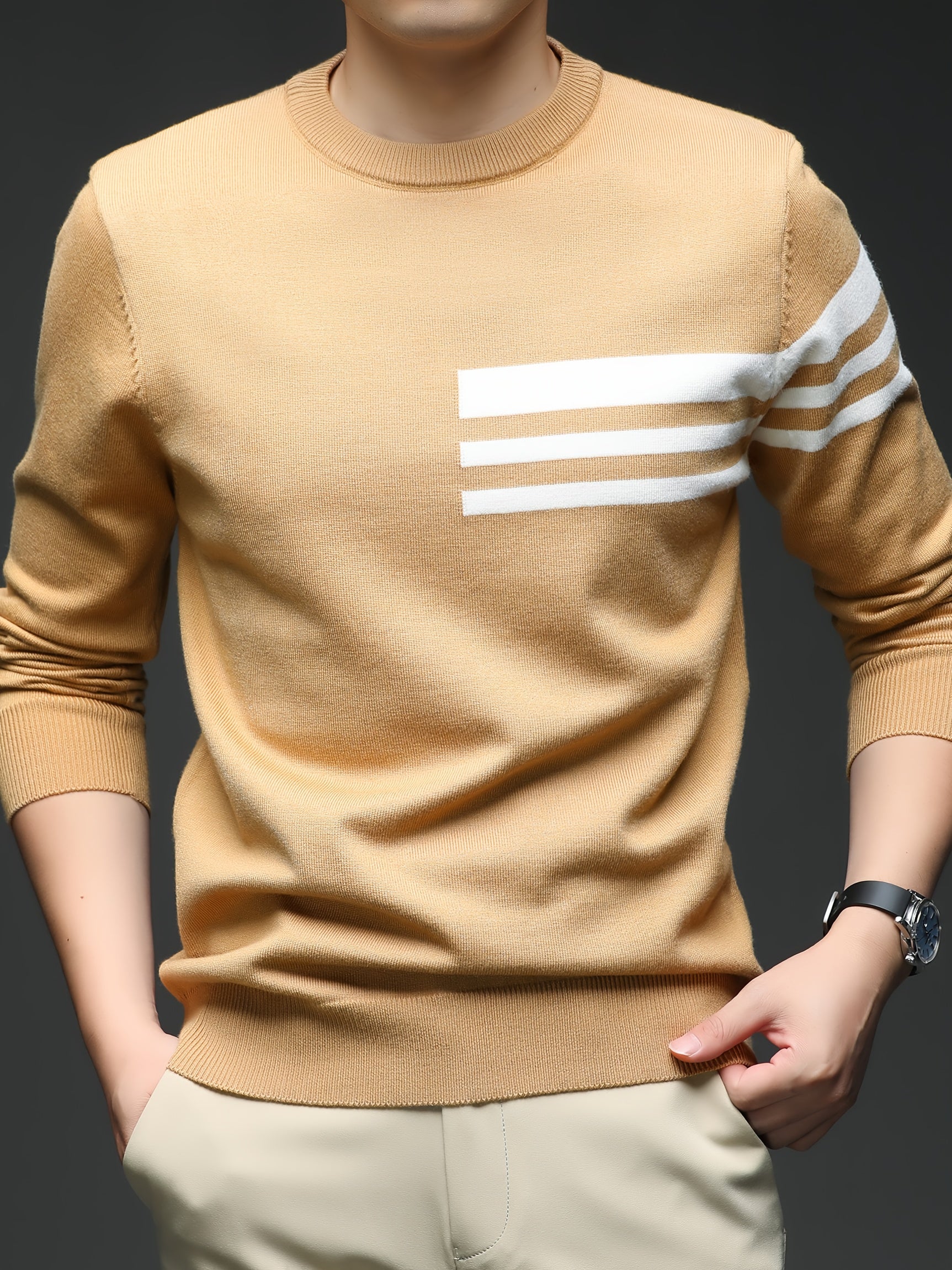 Men's New Round Neck Knit Sweater with Three-Stripe Decoration, Suitable for Autumn and Winter Layering, Fashionable Casual Outing and Dating