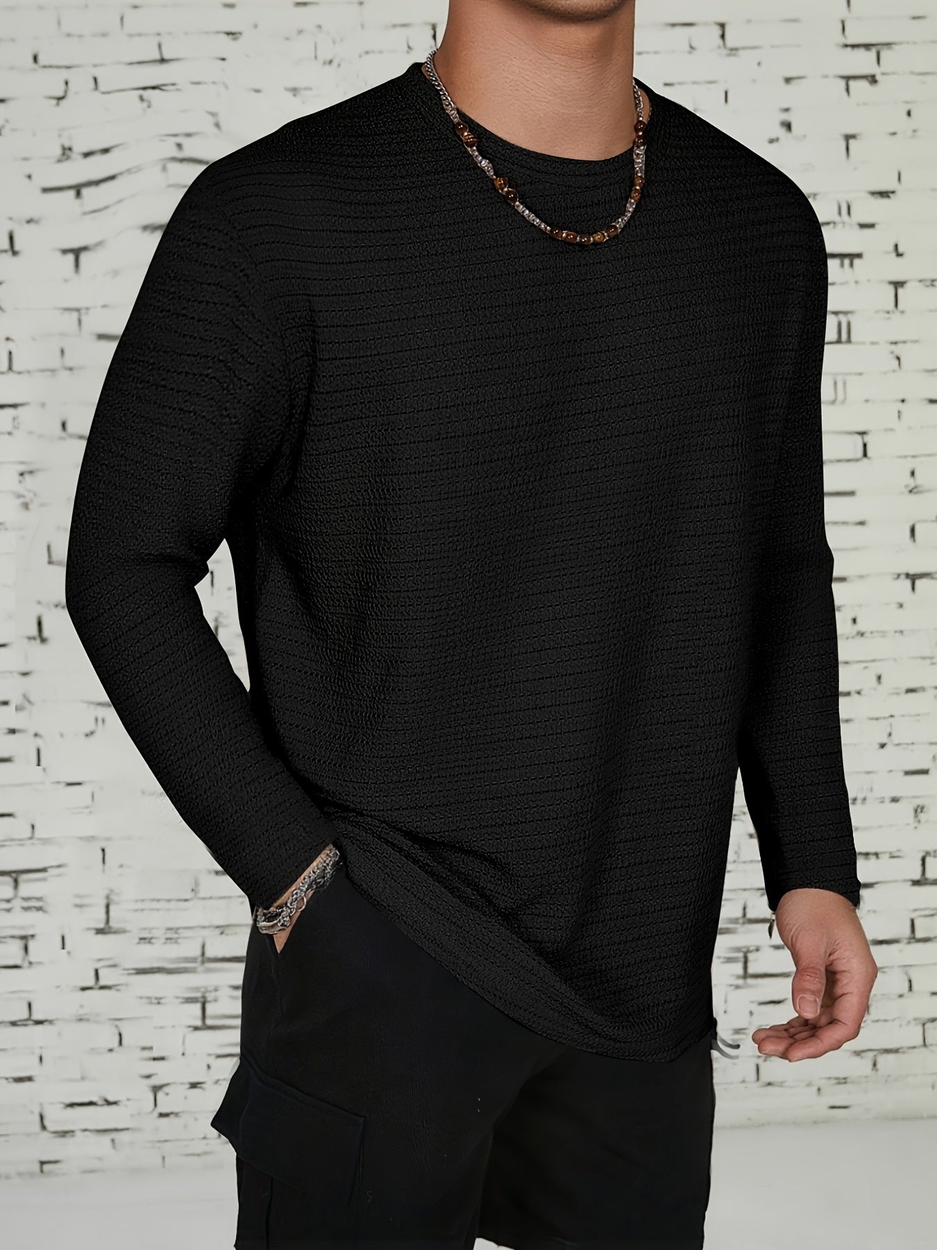 Men's Long-Sleeve T-Shirt - Solid Color Round Neck Casual Shirt, Breathable & Light Beige-Friendly, Spring\Autumn Layering Essential, Versatile for Dress Codes (Office to Smart-Casual), Machine Washable Regular Fit in Neutral Tones