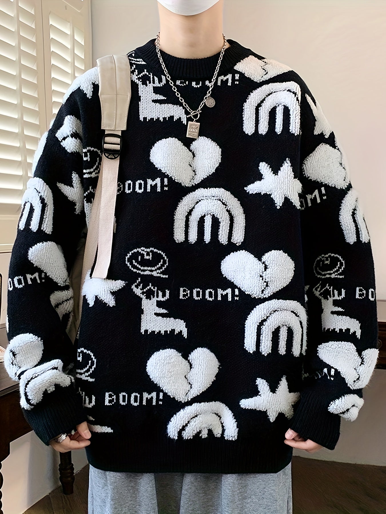 Genghis Men's Casual Winter Sweater - Thick Warm Black & Red Floral Print with Hearts, Stars & BOOM! Text, Loose Fit Round Neck, High Elasticity Machine-Washable for Autumn\u002FWinter, Cozy Sweater, Trendy Outfit, Nontransparent Material