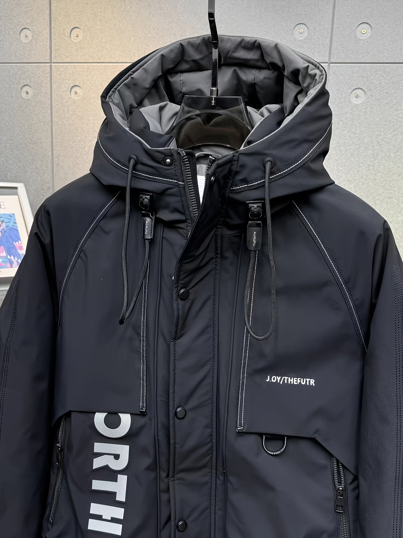 Men'S Casual Hooded Jacket with Alphabet Pattern, Regular Fit, Duck Filled, Non-Stretch Polyester Fabric, Woven, with Pockets - Winter Outdoor Workwear Coat