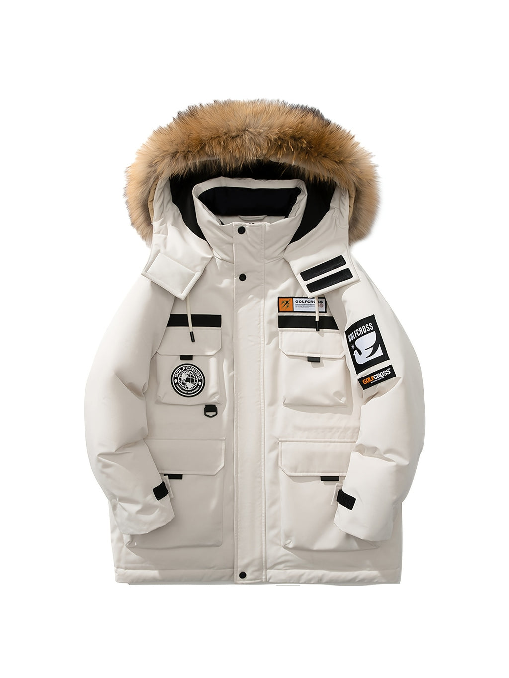 Men'S Casual Hooded Down Jacket, Polyester Shell with 90% White Duck Down Filling, Loose Fit, Non-Stretch Woven Fabric, with Detachable Fleece Lining, Multiple Pockets, Zippered Placket, Alphabet Pattern, for Daily Wear, Thick