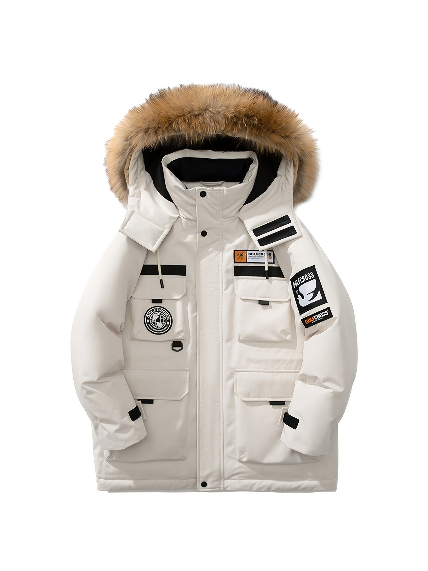 Men'S Casual Hooded Down Jacket, Polyester Shell with 90% White Duck Down Filling, Loose Fit, Non-Stretch Woven Fabric, with Detachable Fleece Lining, Multiple Pockets, Zippered Placket, Alphabet Pattern, for Daily Wear, Thick