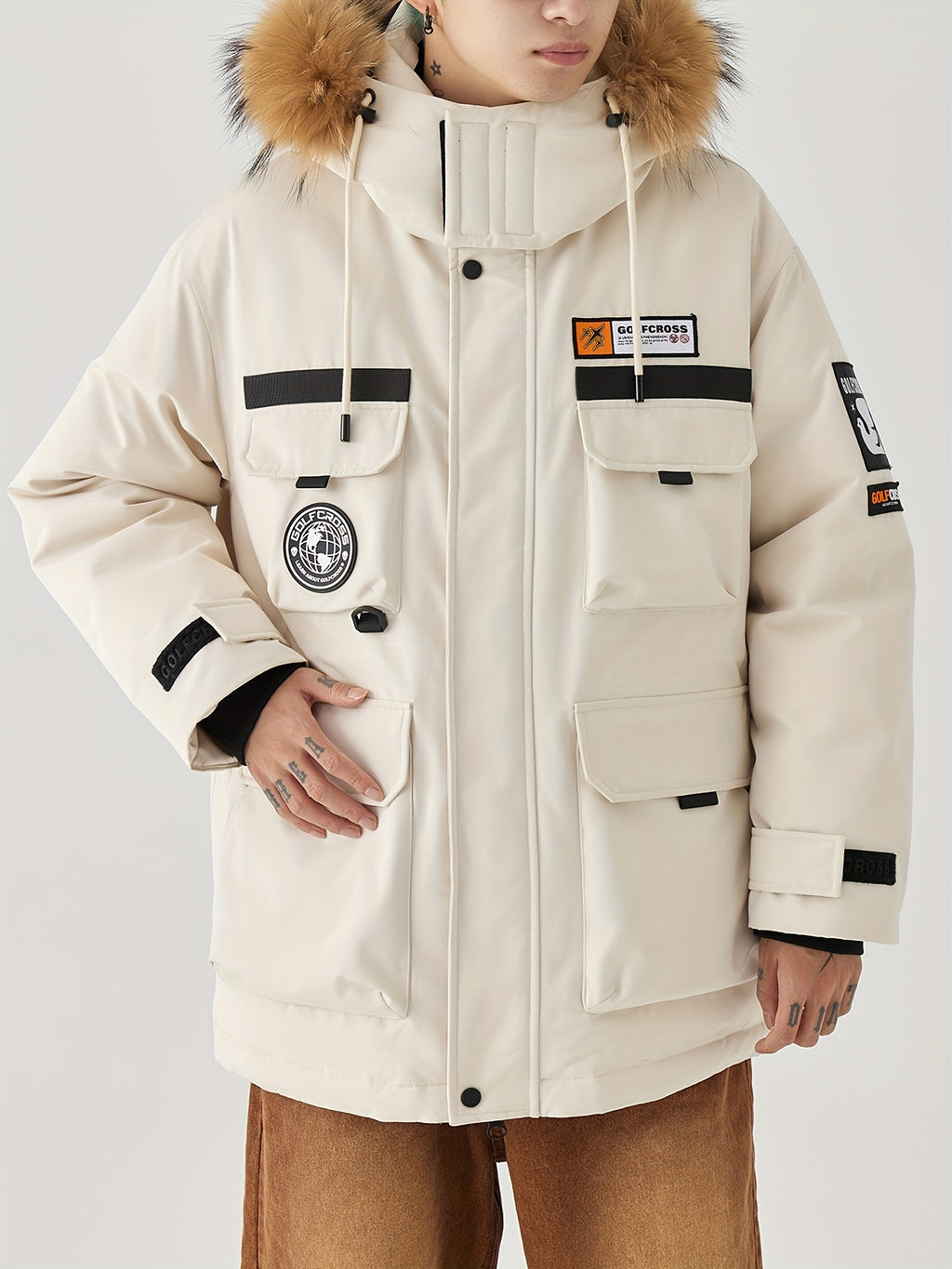 Men'S Casual Hooded Down Jacket, Polyester Shell with 90% White Duck Down Filling, Loose Fit, Non-Stretch Woven Fabric, with Detachable Fleece Lining, Multiple Pockets, Zippered Placket, Alphabet Pattern, for Daily Wear, Thick