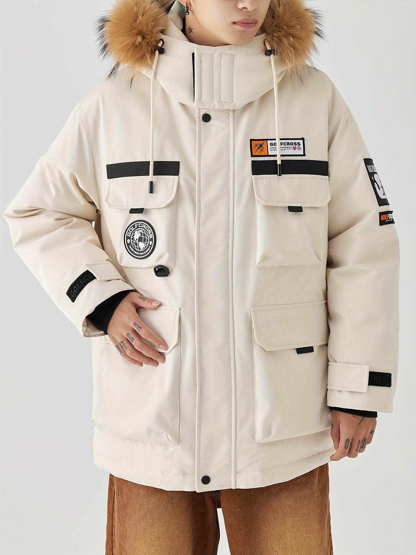 Men'S Casual Hooded Down Jacket, Polyester Shell with 90% White Duck Down Filling, Loose Fit, Non-Stretch Woven Fabric, with Detachable Fleece Lining, Multiple Pockets, Zippered Placket, Alphabet Pattern, for Daily Wear, Thick