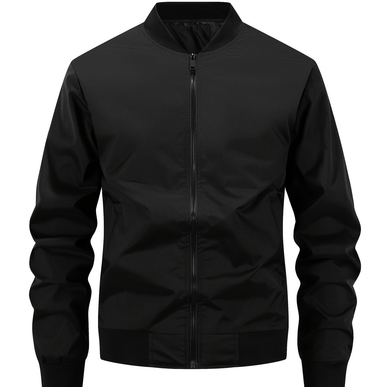 Casual Bomber Jacket Black Polyester Men's Bomber Jacket | Casual Zip-Up Baseball Collar, Long Sleeve, Sports & Casual Wear, Casual Outerwear