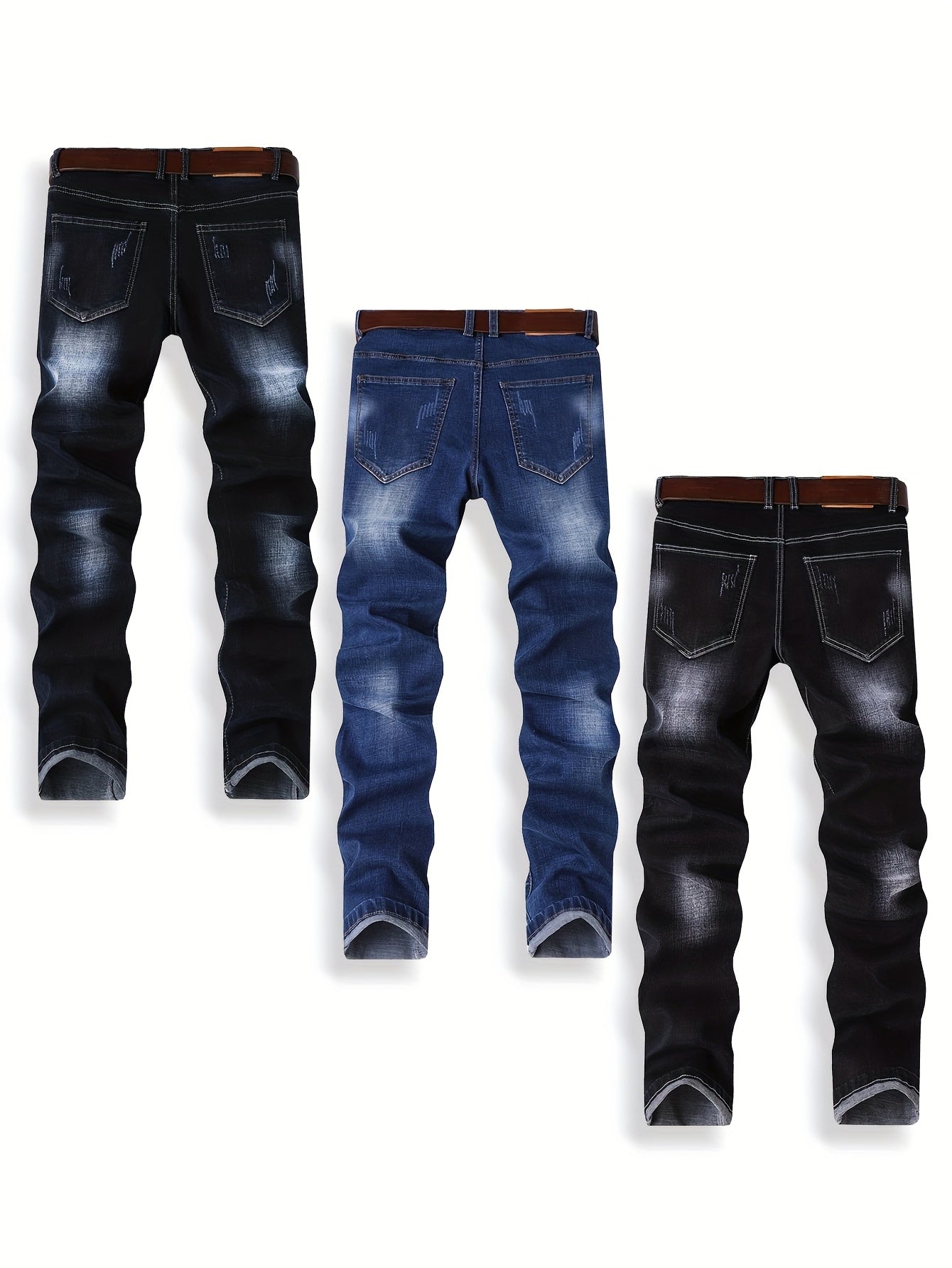 3pcs Men'S Slim-Fit Stretch Denim Jeans with Distressed Knee Rips & Embroidery - Casual All-Season Skinny Pants for Casual Attire, Allseason Jeans | Embroidered Denim | Stretch Denim Fabric