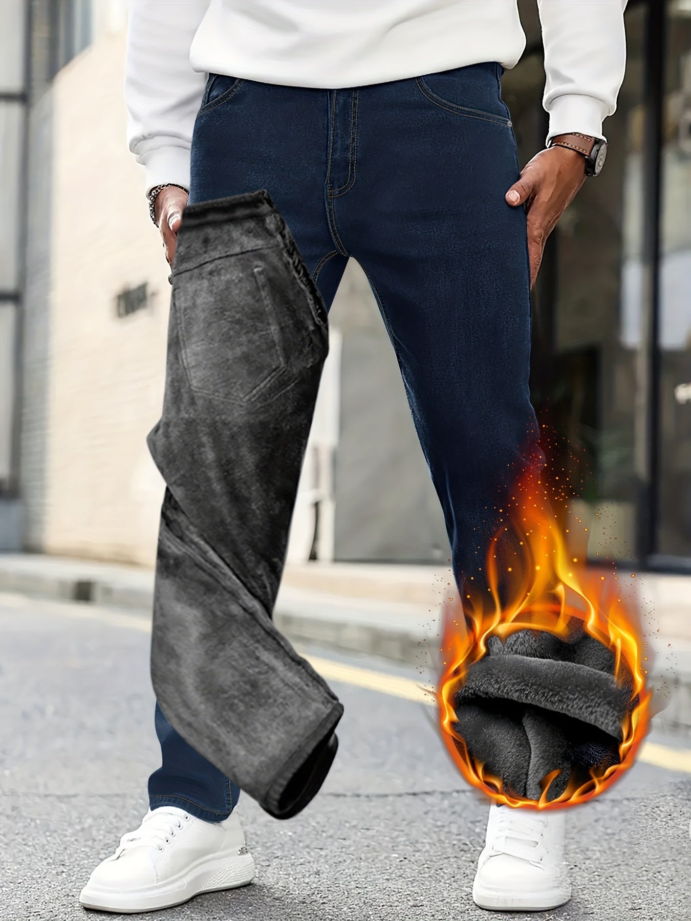 4pcs Men's Slim-Fit Fleece-Lined Jeans - Heavy-Duty Winter Pants with Stretch, Blue Washed & Classic 5-Pocket (No Bulk) - Warm Streetwear Trousers for Cold Weather (Hand Wash\u002FDry Clean) - Multi-Season Layering Essential