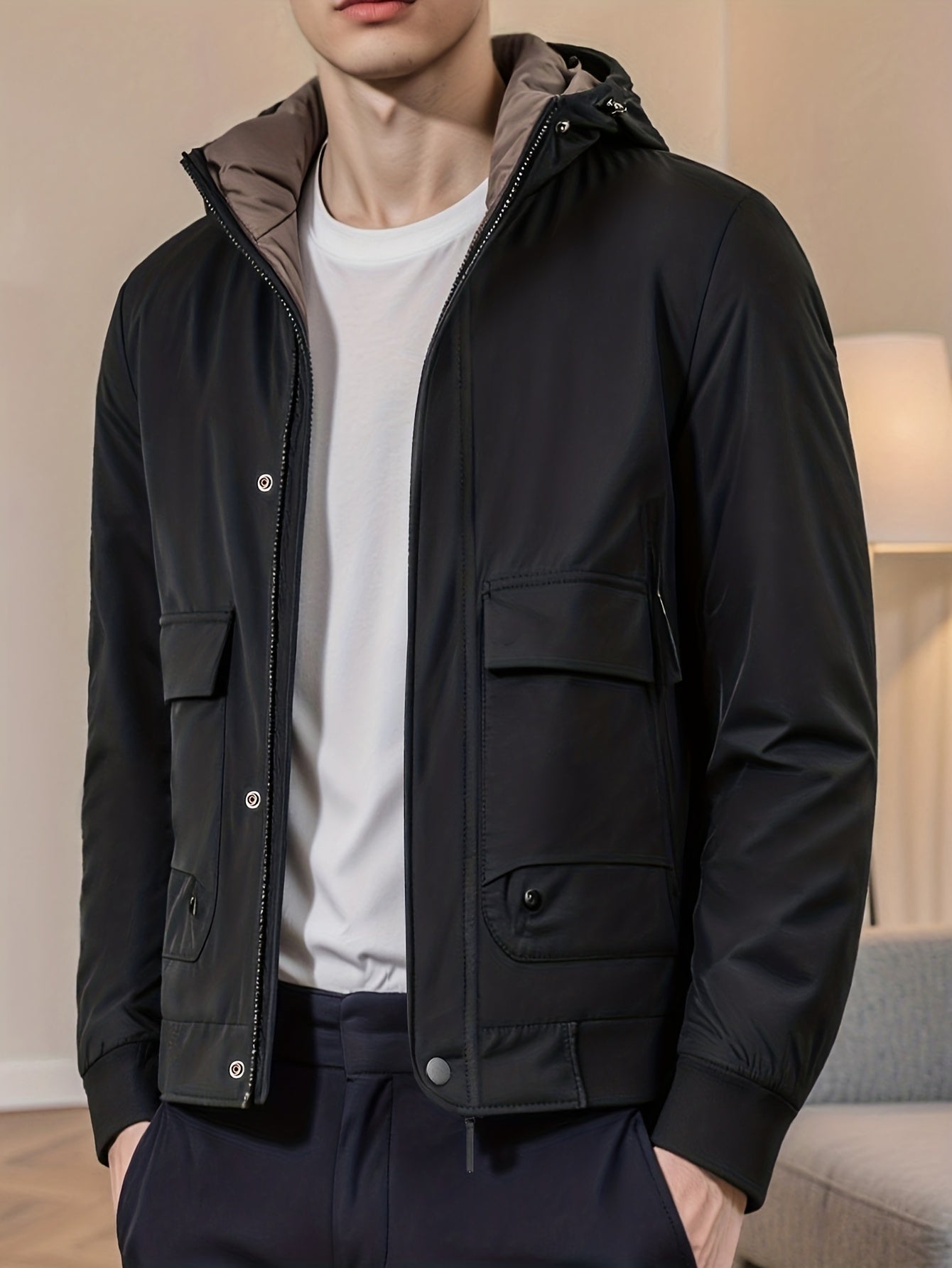 Men's Winter Classic Solid Color Hooded Non-Detachable High-Quality Comfortable Versatile Daily Commute Casual Down Jacket 3K5473905020, Cold Weather Clothing, Casual Wear, Versatile Outerwear, Hooded Jacket, Highquality Fabric, Zipup Hoodie, Long