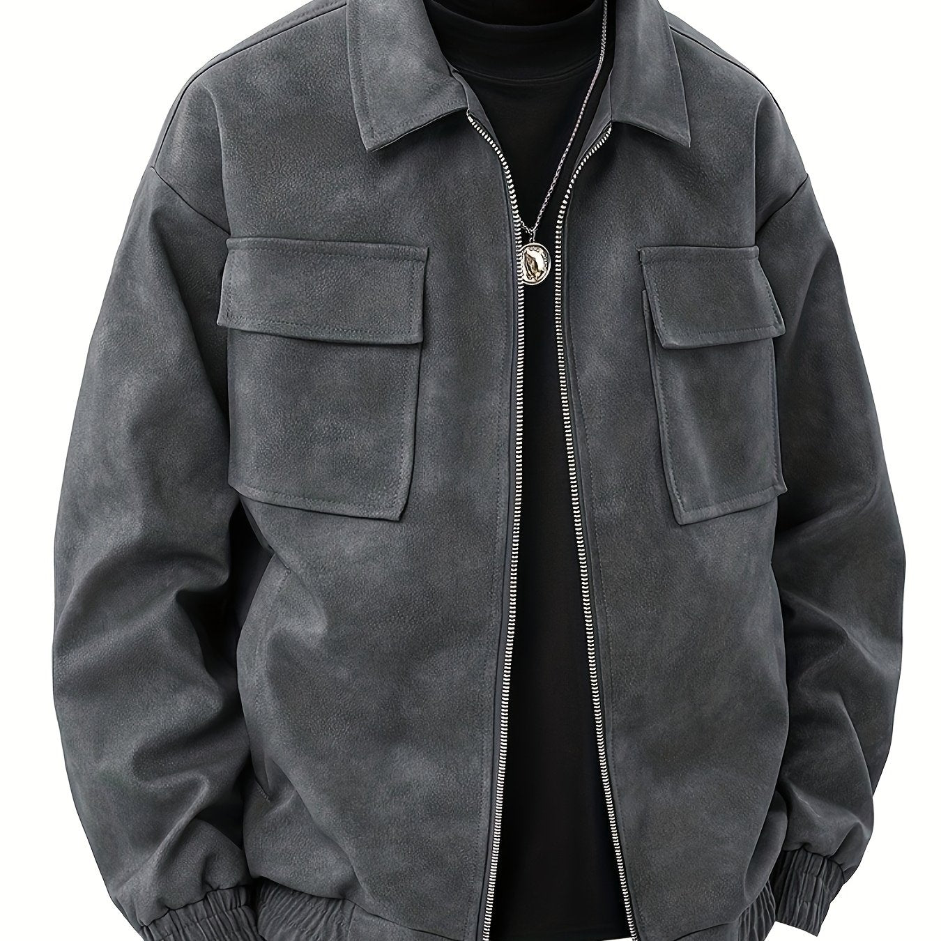 Men'S Large Size Windproof Faux Leather Bomber Jacket - Full-Zip Casual Coat with Stand Collar, Zippered Pockets & Lining, Brown\u002F Color Block Design, Golden-Tone Hardware - Spring\u002FFall Outerwear for Everyday & Semi-Formal Wear (Regular Fit