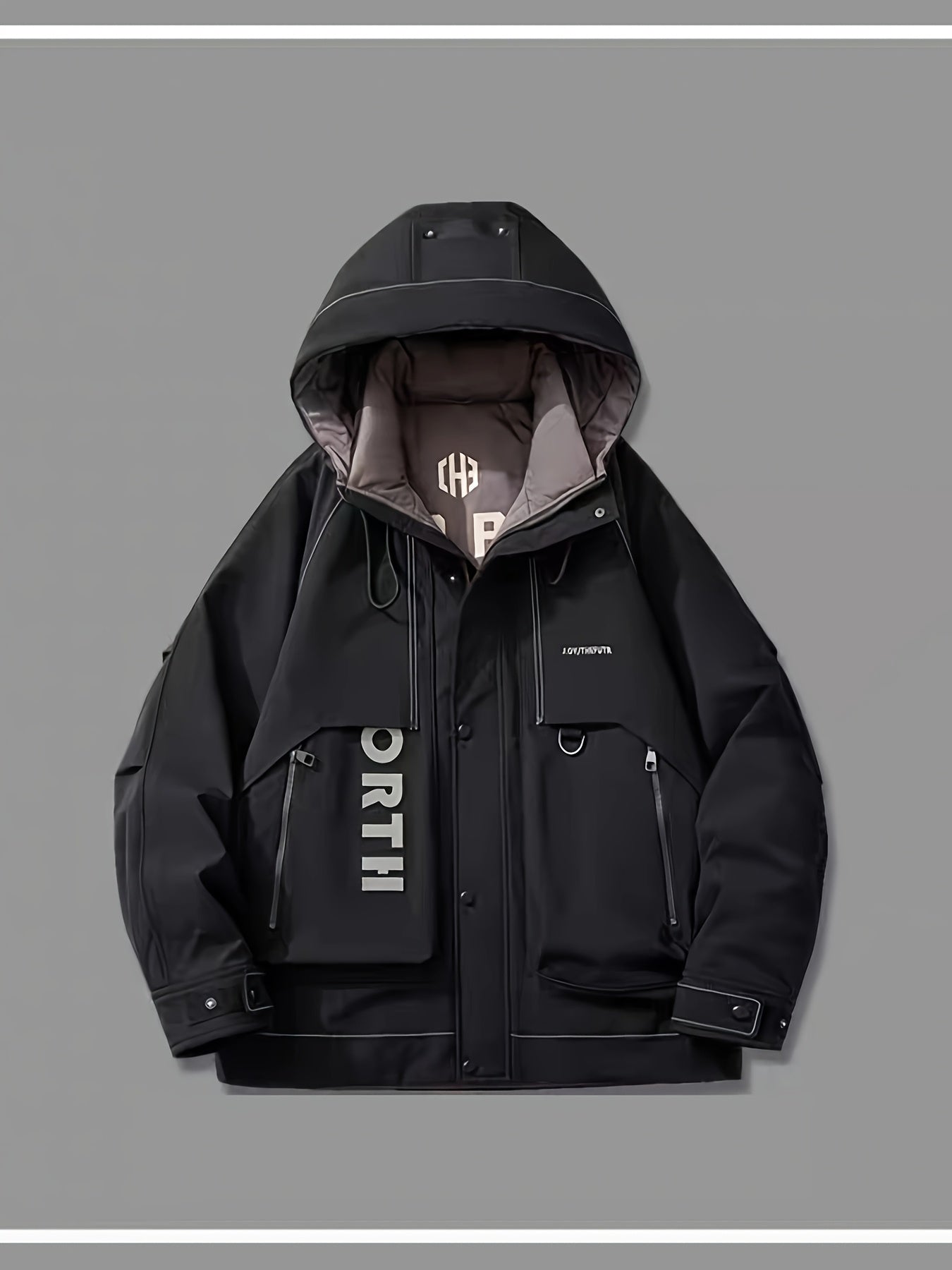 Men'S Casual Hooded Jacket with Alphabet Pattern, Regular Fit, Duck Filled, Non-Stretch Polyester Fabric, Woven, with Pockets - Winter Outdoor Workwear Coat