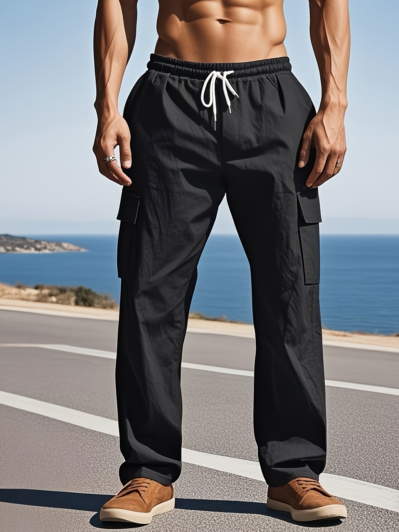 Linen Pants - Wide-Leg Relaxed Fit with Multiple Utility Pockets, Belt Loops & Mid-Rise Waist | Casual & Dress Pants for, Travel, Beach | Breathable Fiber Trousers (Machine Washable)