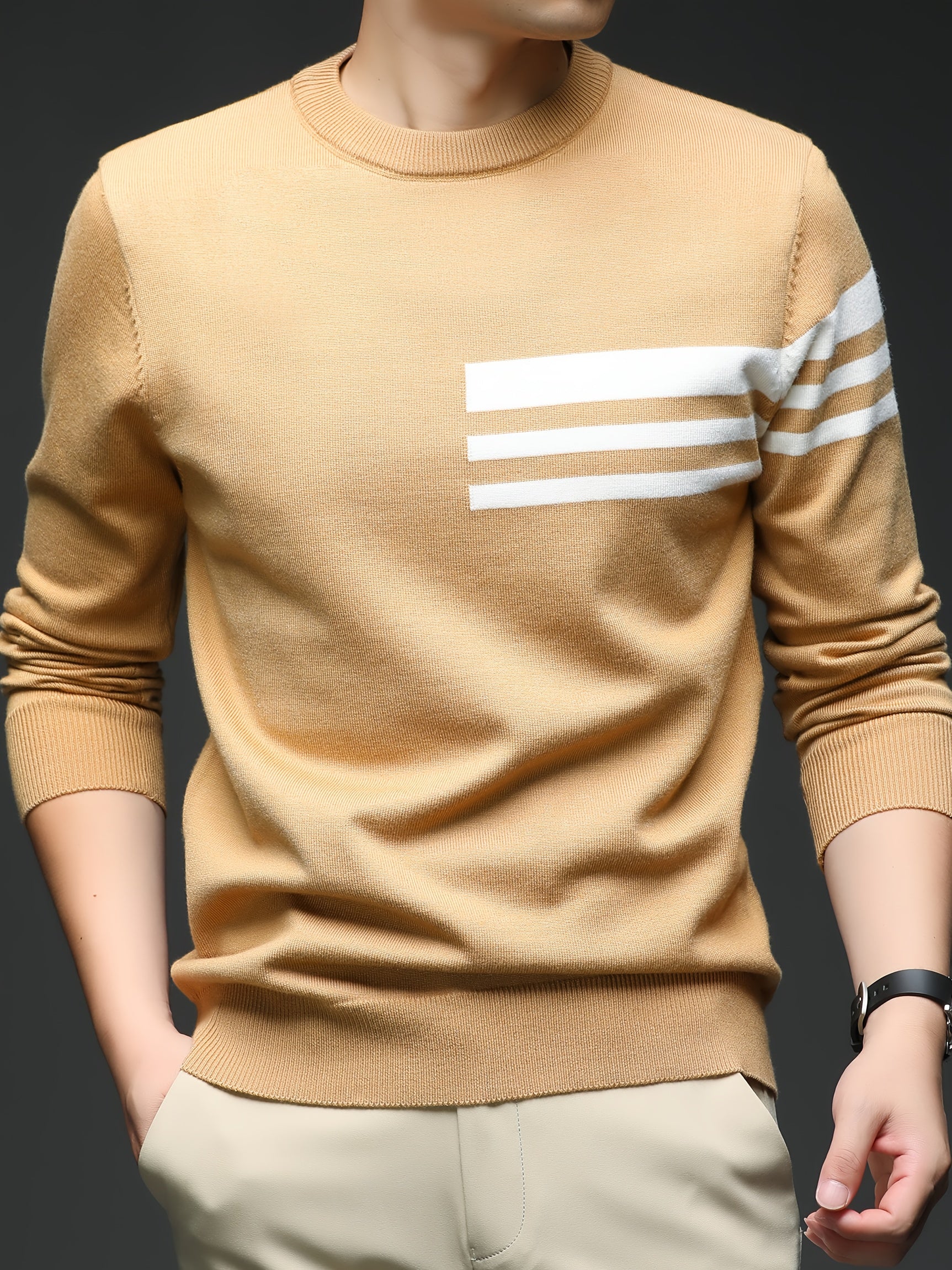 Men's New Round Neck Knit Sweater with Three-Stripe Decoration, Suitable for Autumn and Winter Layering, Fashionable Casual Outing and Dating