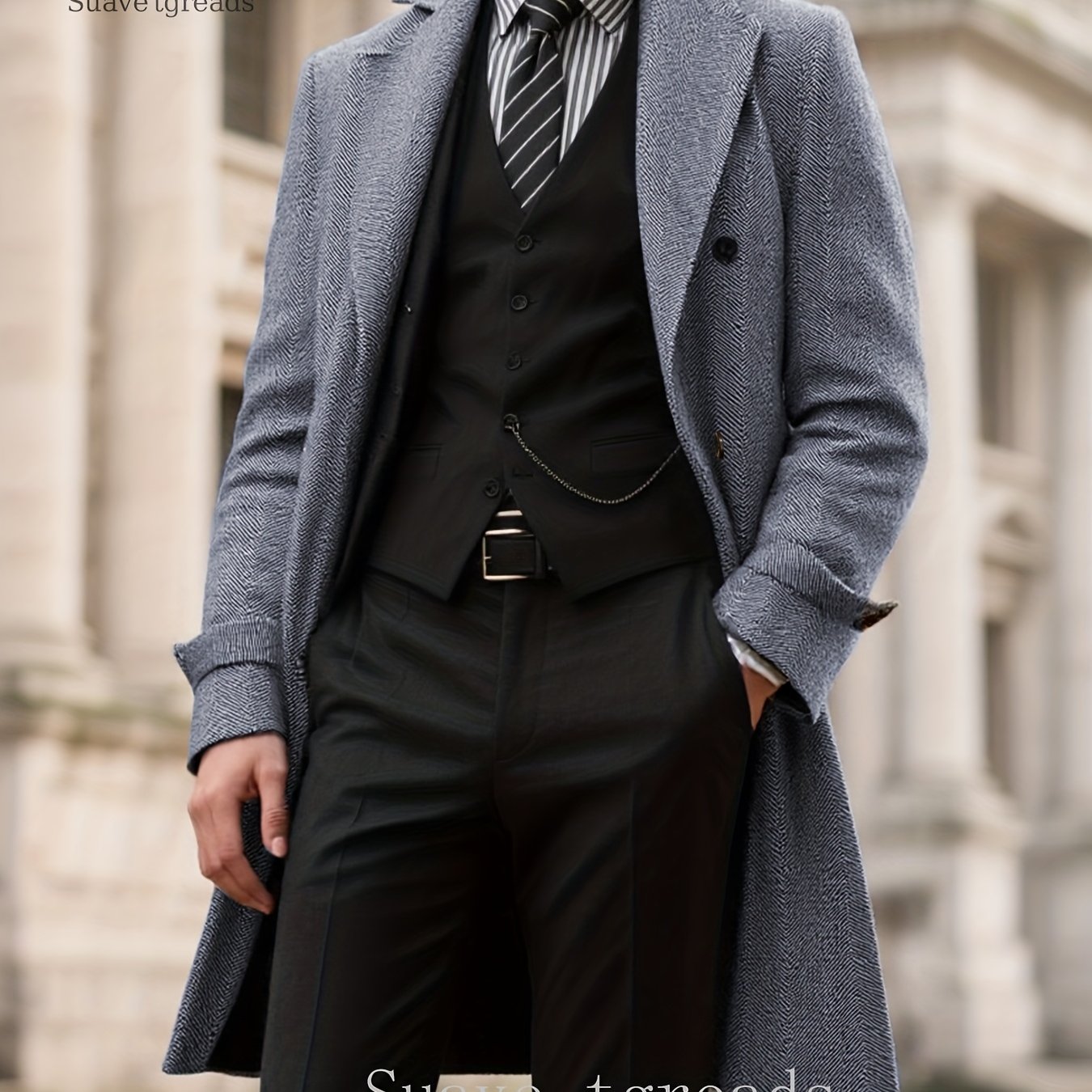 Men's Double-Breasted Full-Length Coat - Classic Collar & Tailored Loose-Fit Long Jacket, Luxury Brown\u002FBlack\u002FBeige Striped Suit Outerwear (Dry Clean Only) for Formal & Professional Events - -Like Maintenance