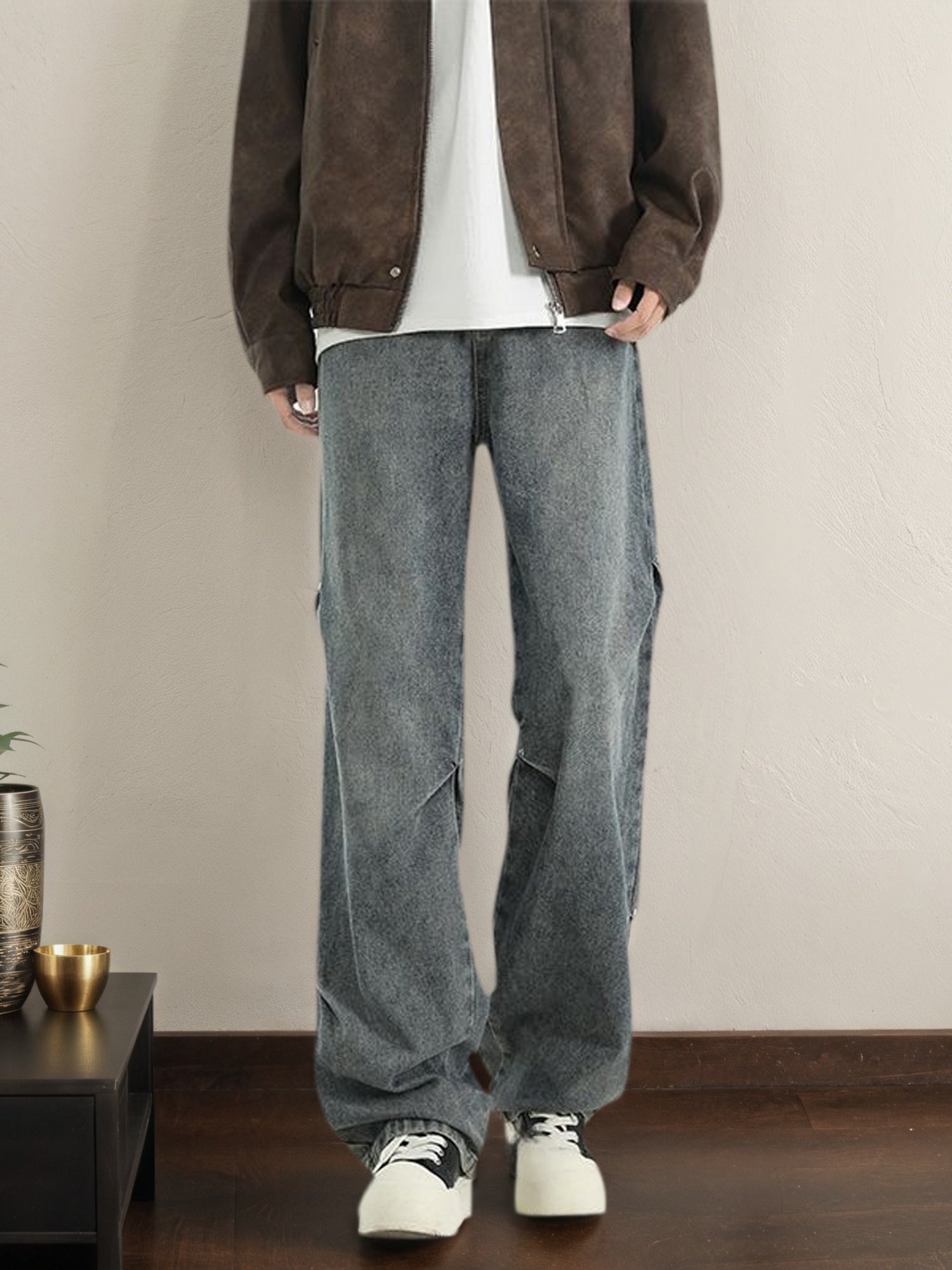 Men's -Lined Wide-Leg Workwear Jeans with Rivet & Wrinkle- - Vintage Distressed Straight-Leg Pants for High-Street Style, Winter (Machine Washable) | Solid Color Casual Outfit for Tall Users