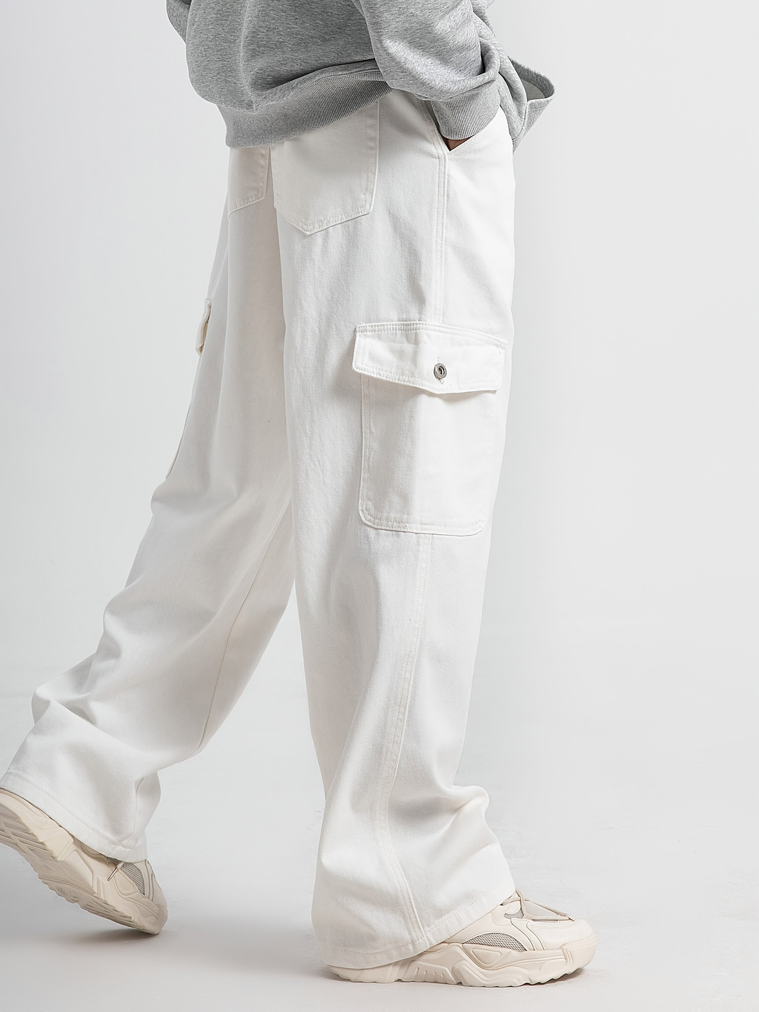 Men'S Loose Fashion Jeans Straight Waist Overalls Casual Pure White Tide Brand Cycling Pants Suitable For All Seasons.