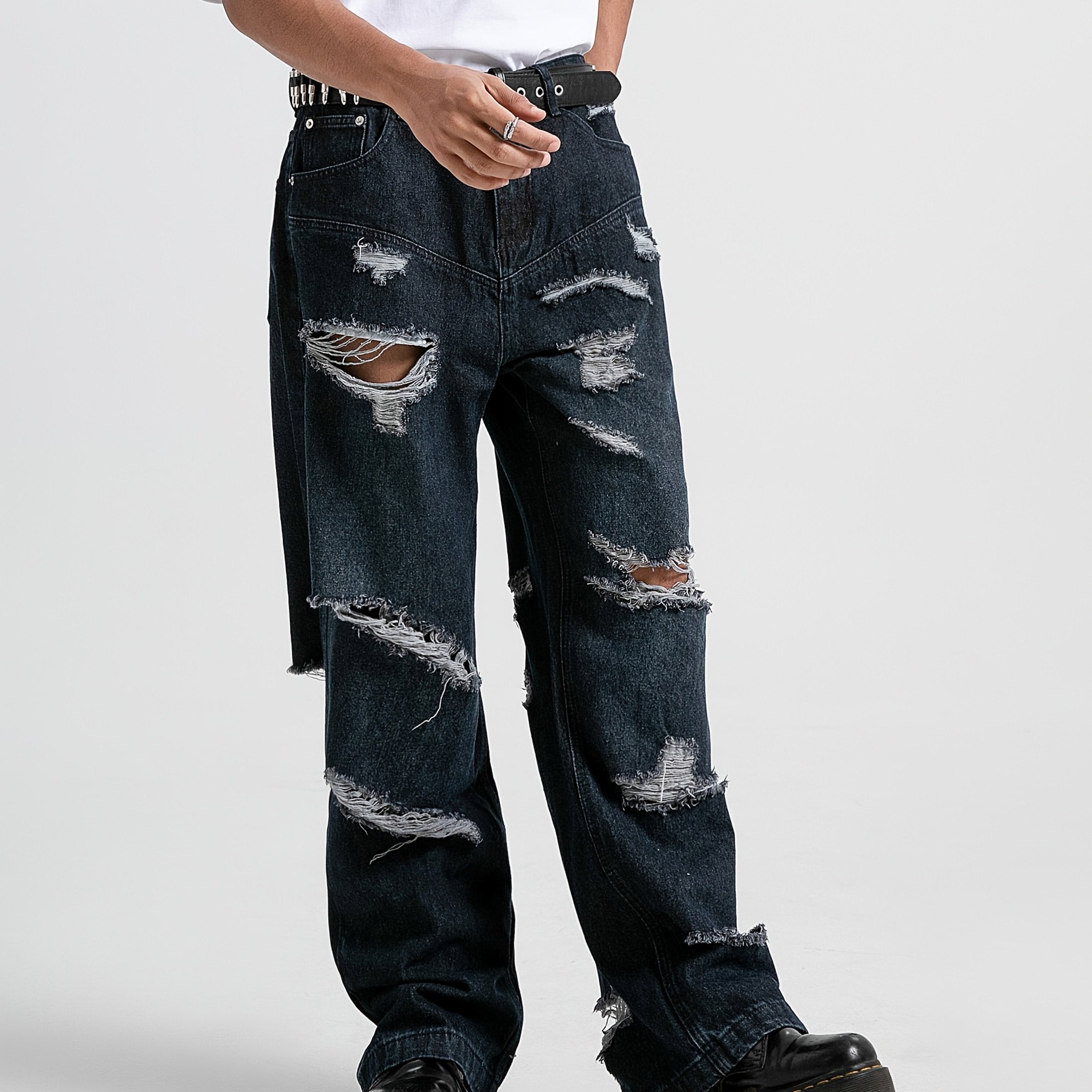 Men'S Casual Ripped Straight Jeans - Fringed Design, Hip-hop Street Style, Ripped Floor-length Wide-leg Pants Suitable For Rap, Street Dance And Skateboarding