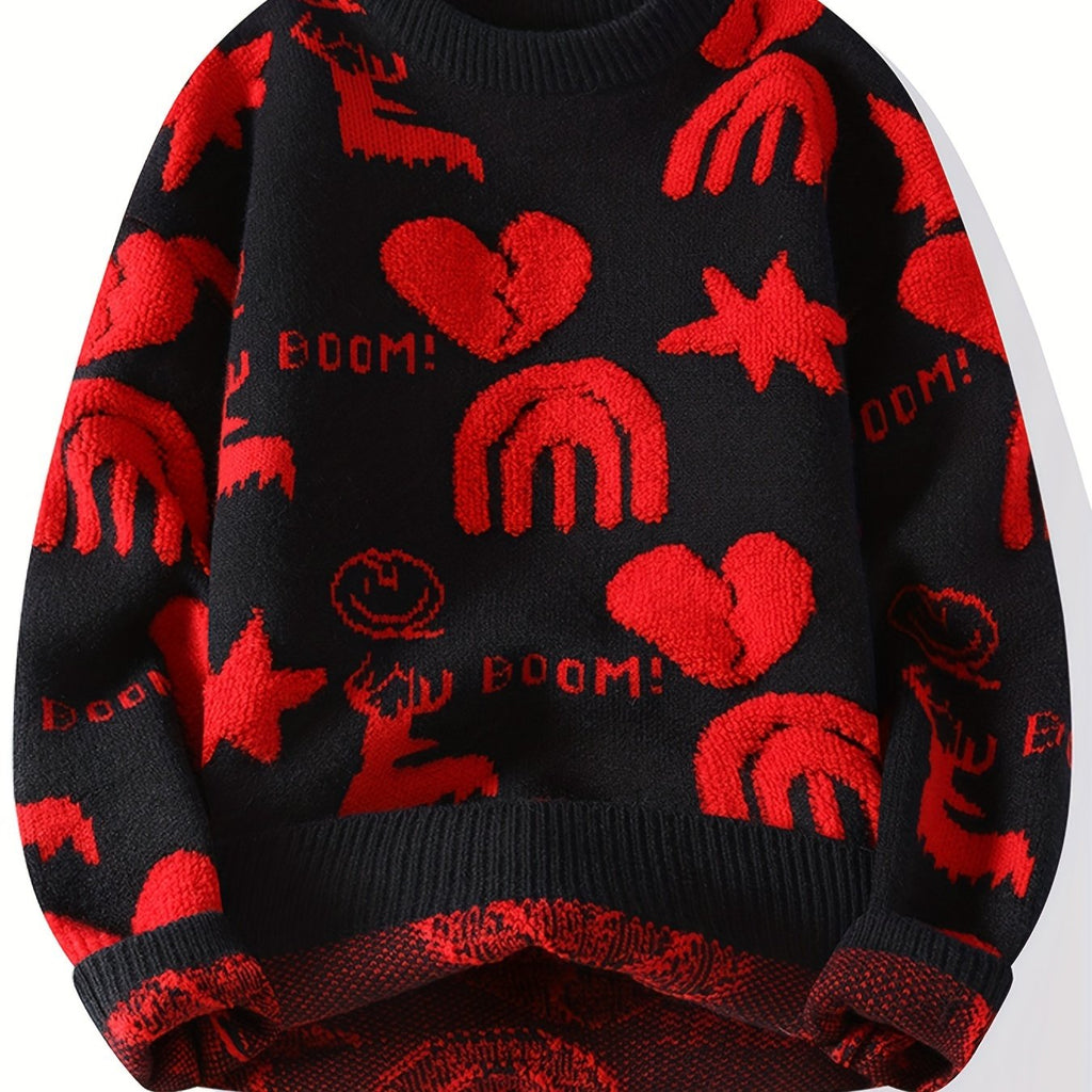 Genghis Men's Casual Winter Sweater - Thick Warm Black & Red Floral Print with Hearts, Stars & BOOM! Text, Loose Fit Round Neck, High Elasticity Machine-Washable for Autumn\u002FWinter, Cozy Sweater, Trendy Outfit, Nontransparent Material