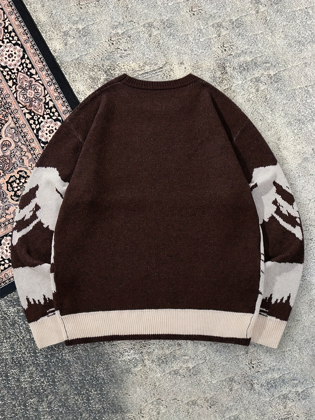 Winter Warm Sweater - Oversized Brown\Mountain Print Pullover with The Alps Lettering, Long Sleeve Round Neck Casual Coat for Skiing &, Hand Washable Loose Fit Sweater Jacket