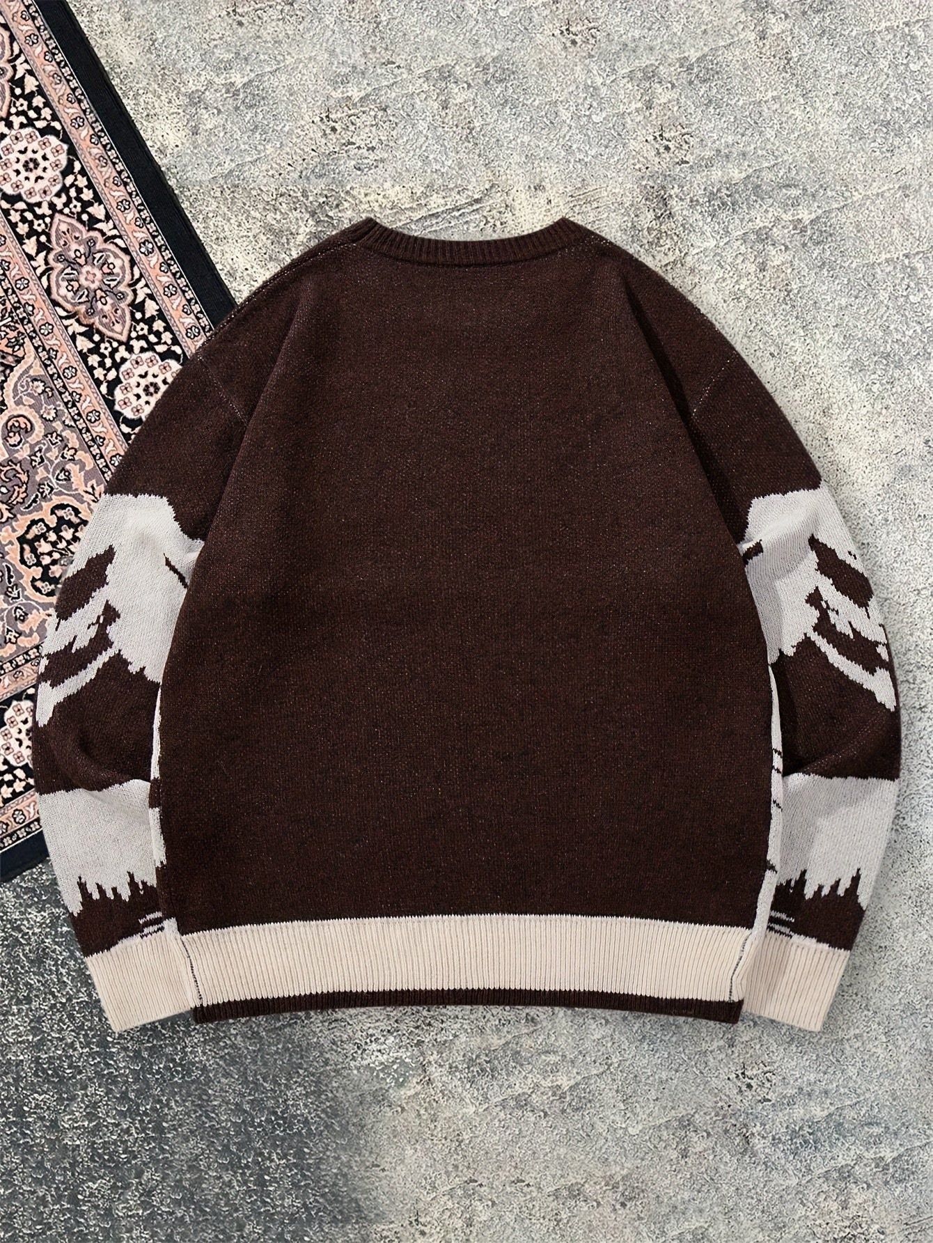 Winter Warm Sweater - Oversized Brown\Mountain Print Pullover with The Alps Lettering, Long Sleeve Round Neck Casual Coat for Skiing &, Hand Washable Loose Fit Sweater Jacket