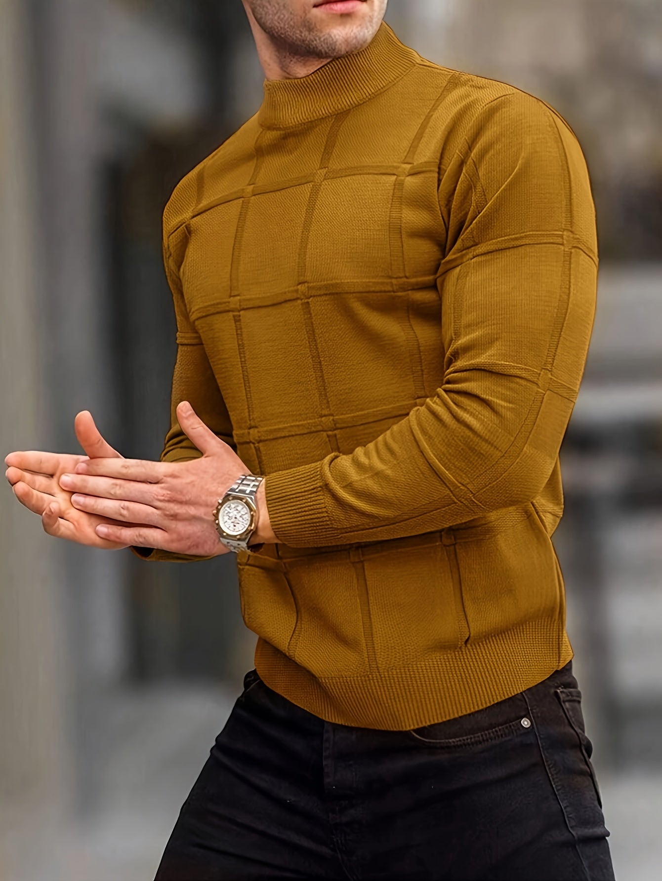 Men's Cotton Knit Sweater - Solid Color Mock Neck Pullover, Medium Stretch Regular Fit Long Sleeve for Fall & Winter, Hand Wash Only, Versatile Casual & Formal Wear