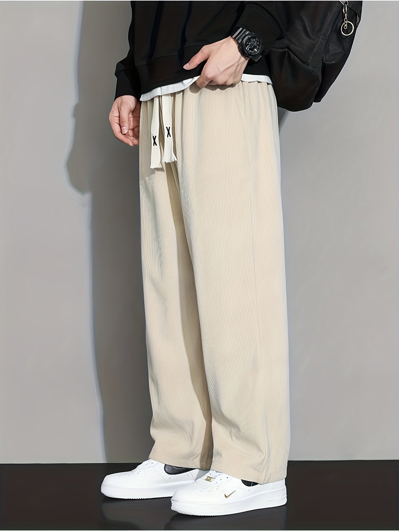 Men'S Heavyweight Corduroy-like Faux Denim Trousers - Thick Warm Winter-Ready Loose-Fit Straight Leg Pants with Elastic Drawstring Waist & Multiple Pockets, Casual to Semi-Formal Wear for Spring\u002FAutumn, Durable Non-Stretch Fabric (Regular Length)