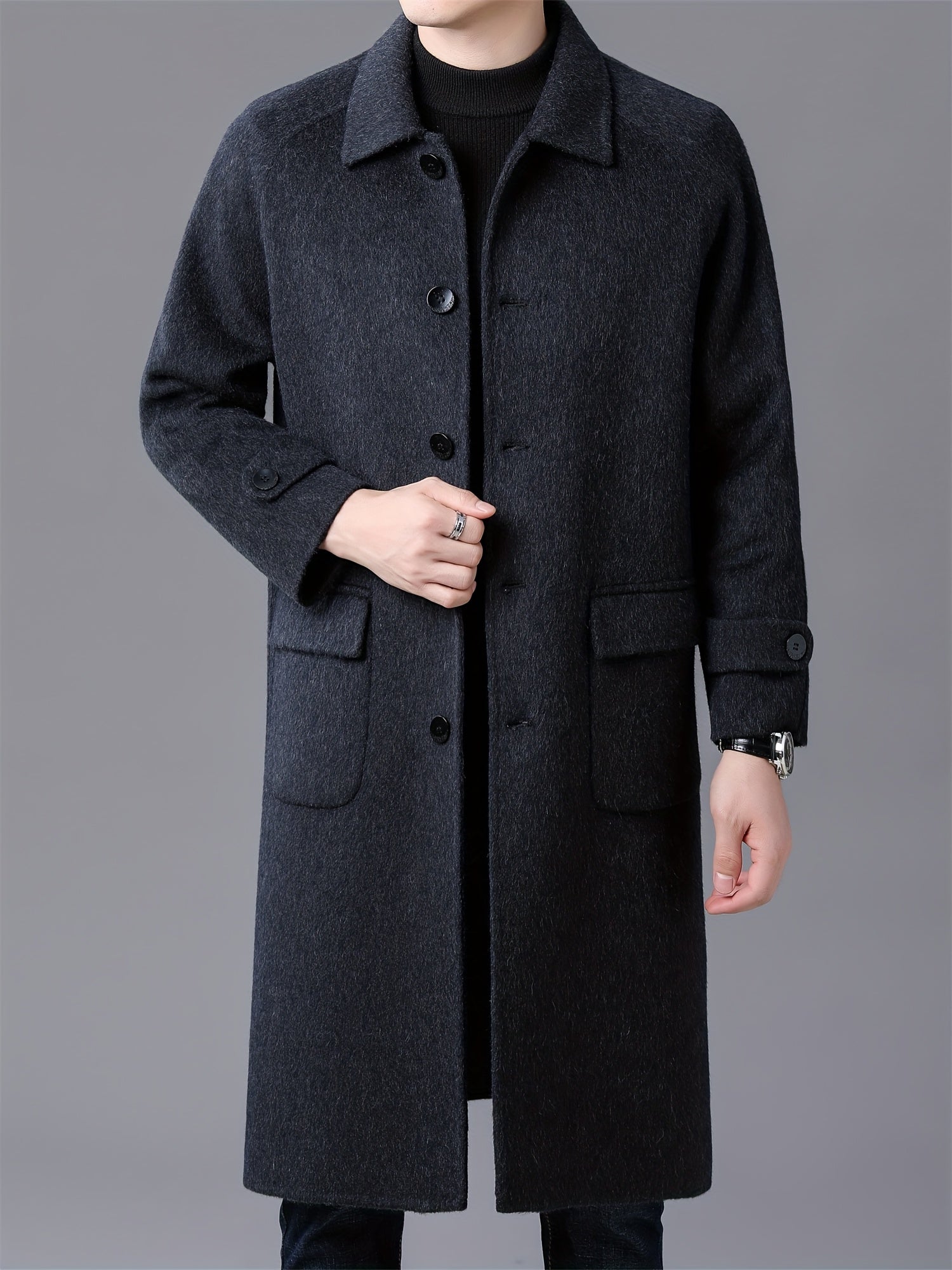 Men's Wool Jacket and Coat, Autumn and Winter Over-the-Knee Double-Breasted Tweed Coat, Single Button Stand Collar, Casual Elegant Style, Perfect Birthday Gift for Men