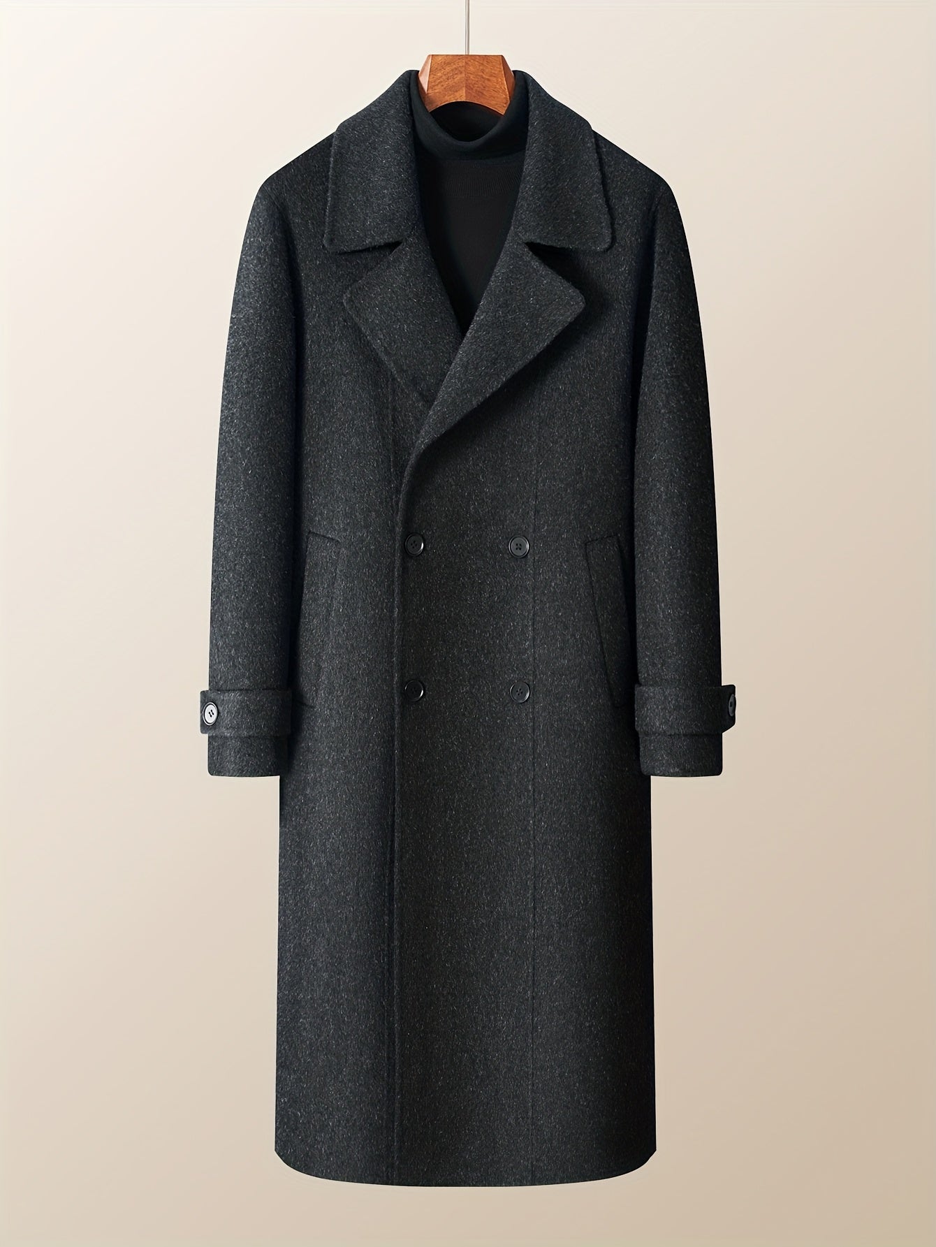 Men's Heavyweight 100% Wool Double-Breasted Coat - Winter Warm Collar & Notch Jacket, Full-Length Black Suit Outerwear for Formal\u002FCasual Events, Parties, Weddings (Dry Clean Only)