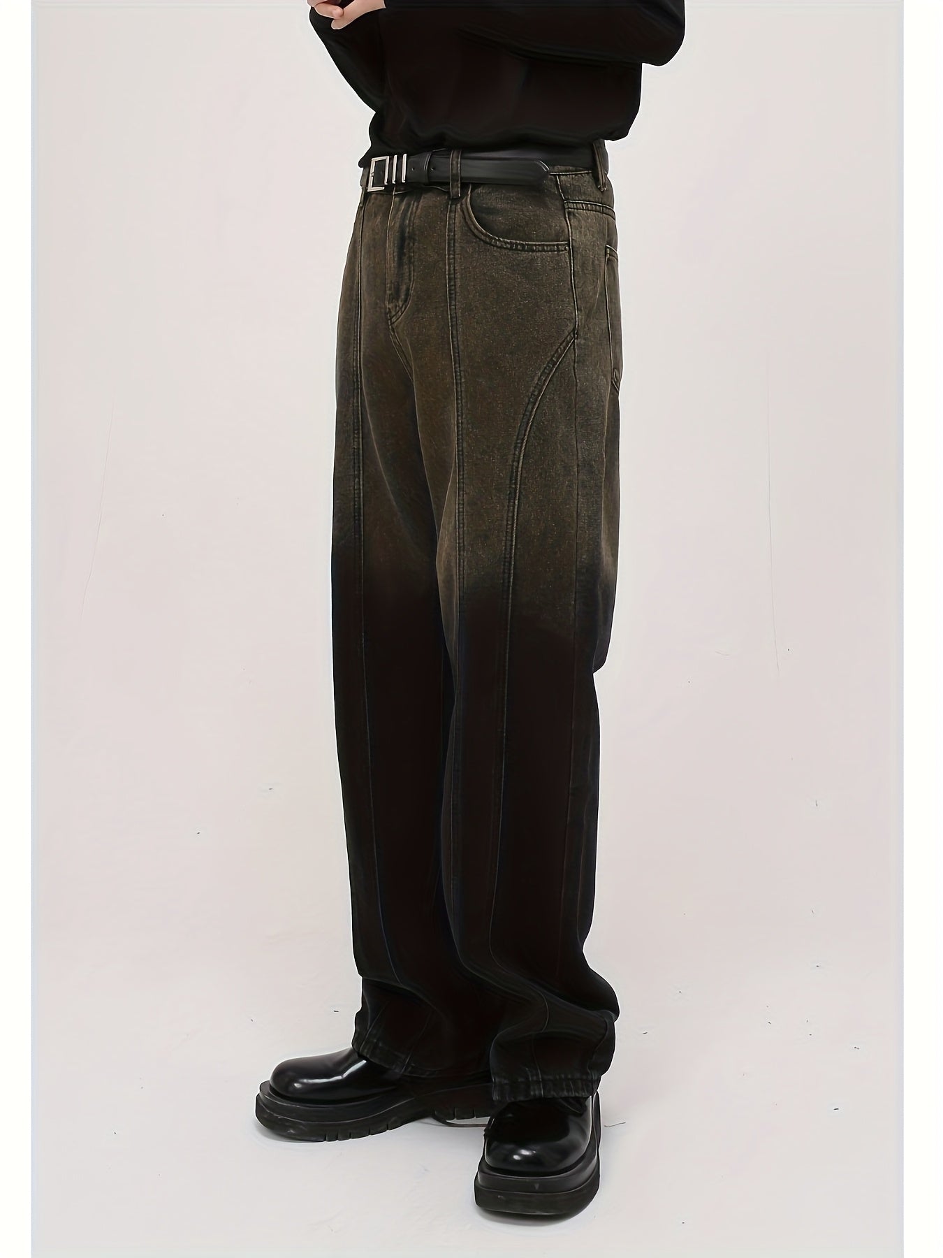 Jeans Men'S Retro Distressed Brown Straight Leg Mop Loose Casual Wide-leg Pants