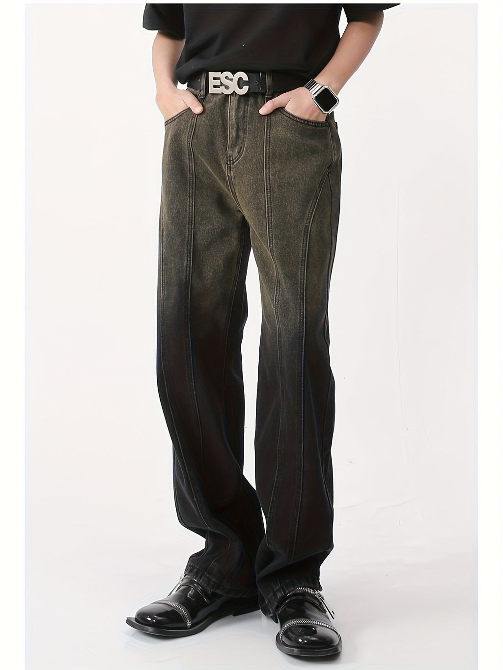 Jeans Men'S Retro Distressed Brown Straight Leg Mop Loose Casual Wide-leg Pants