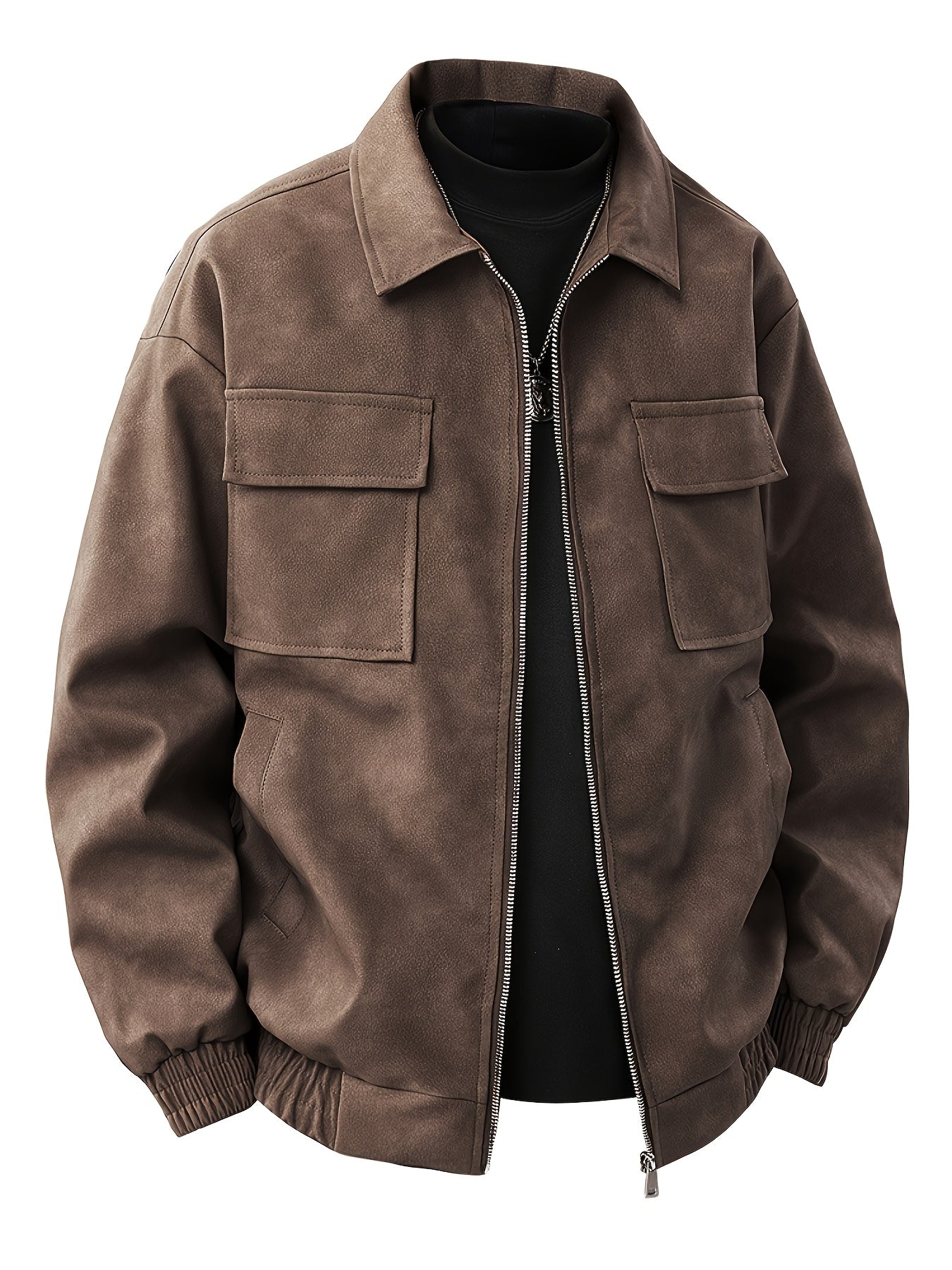 Men'S Large Size Windproof Faux Leather Bomber Jacket - Full-Zip Casual Coat with Stand Collar, Zippered Pockets & Lining, Brown\u002F Color Block Design, Golden-Tone Hardware - Spring\u002FFall Outerwear for Everyday & Semi-Formal Wear (Regular Fit