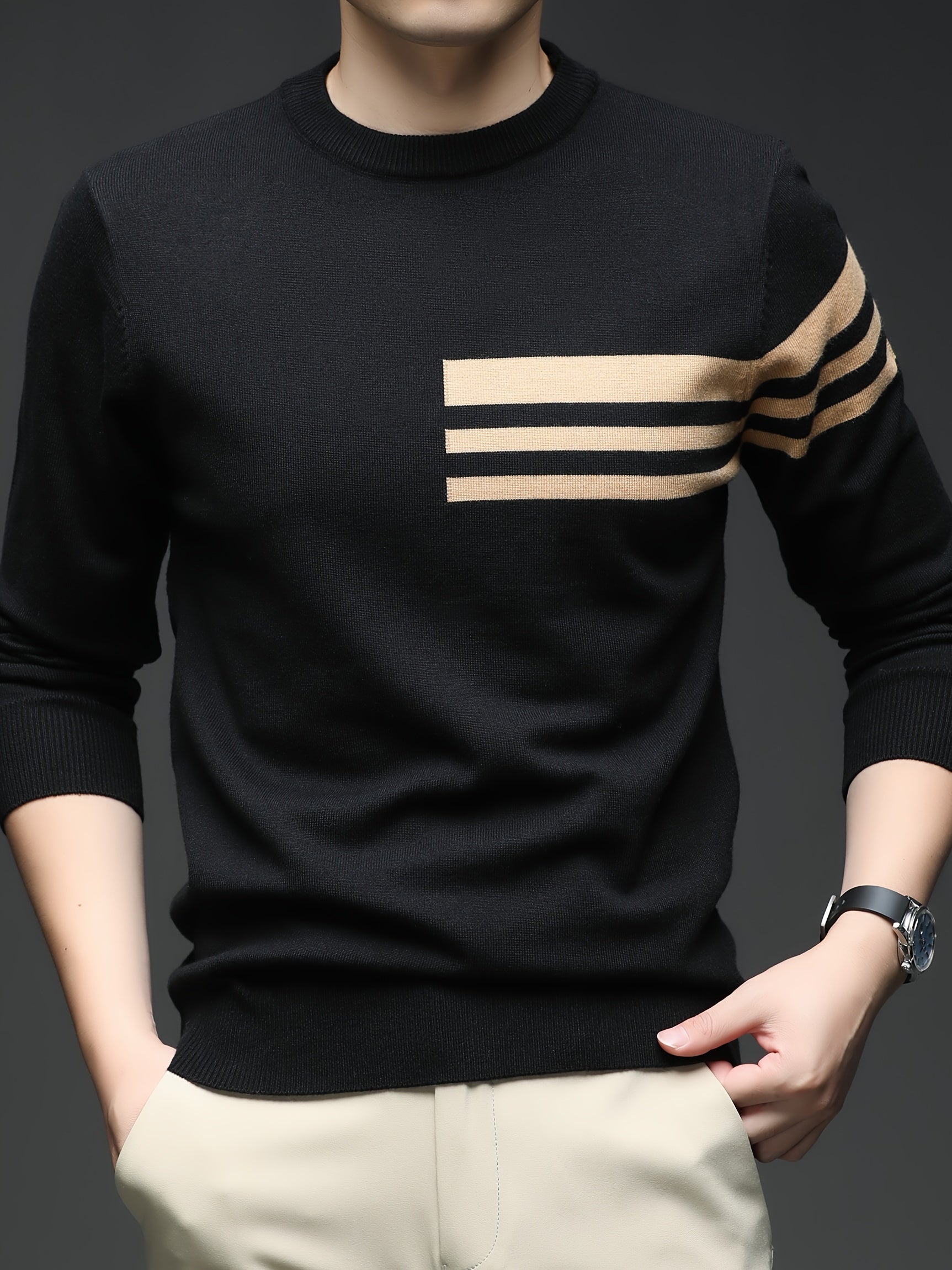 Men's New Round Neck Knit Sweater with Three-Stripe Decoration, Suitable for Autumn and Winter Layering, Fashionable Casual Outing and Dating