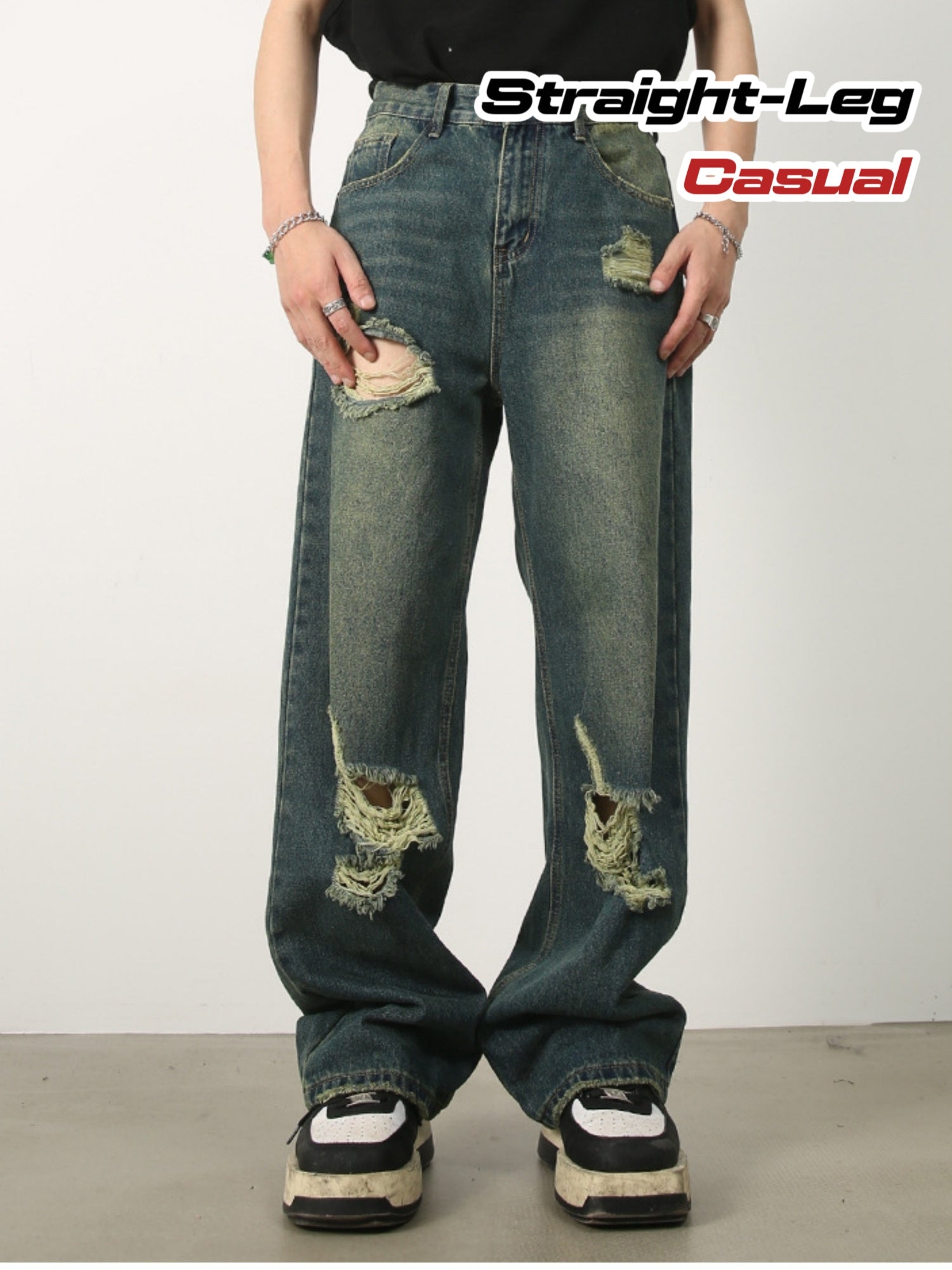 Men's Denim New Design Sense Street Dance Hip-hop Skateboard Hole Straight Leg Jeans Frosted Wide Leg Loose Casual Denim Pants