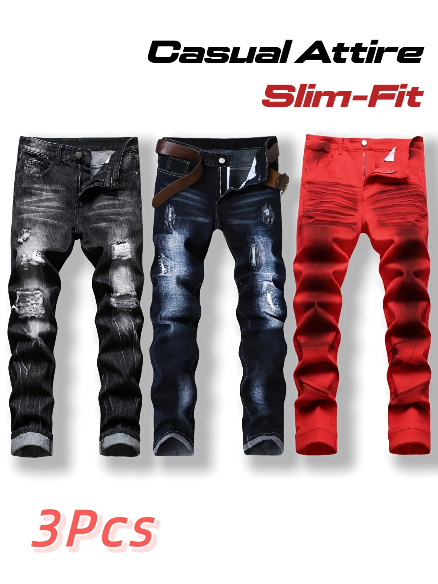 3pcs Men'S Slim-Fit Ripped Faux Denim - Stretch Faux Denim Street Style, Dark Blue, All-Season Comfort, Mid-Rise with Zipper Fly, Regular Fit for Casual Attire, Comfortable Fashion, Trendy Streetwear, Durable Fabric