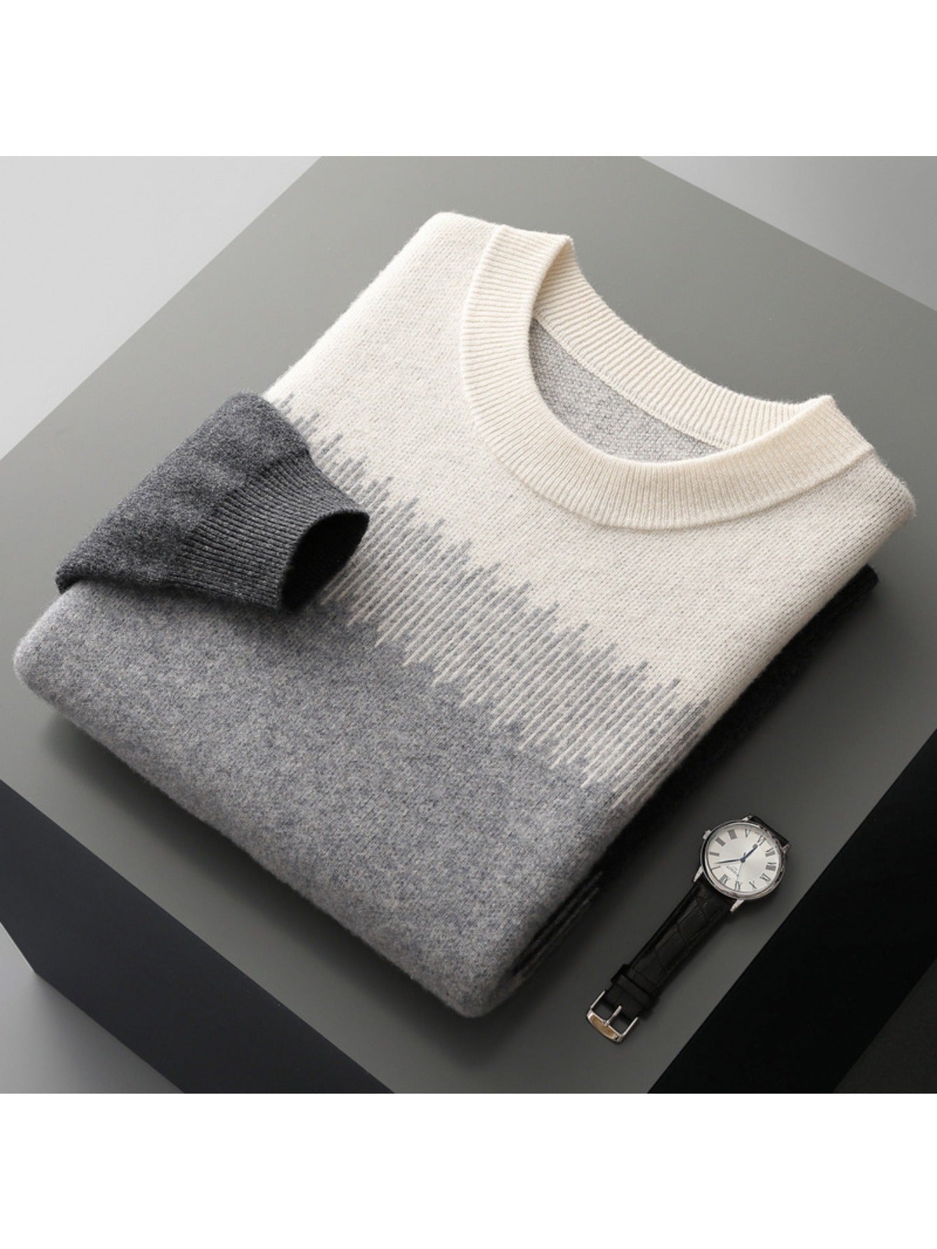 Mens 100% Wool 90s Crewneck Sweater Thickened Color Block Knit Top Premium Business Casual Thermal Comfort Christmas Gift