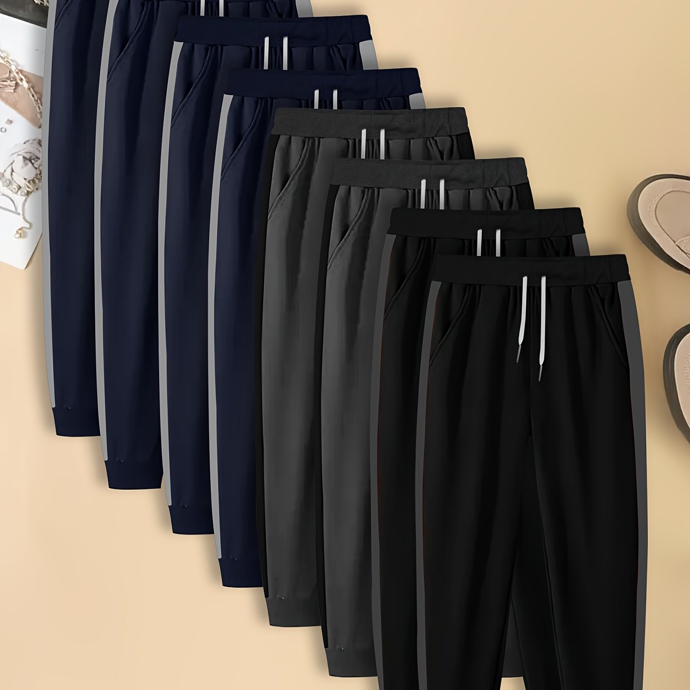 Men's Casual Jogger Pants, Loose-Fit Straight-Leg Trousers with Elastic Waist & Drawstring, Gym Lounge Casual Attire, 8 pcs Set, Multi-Color Options (Black Navy Dark Grey Brown), Machine Washable Bulk Pack