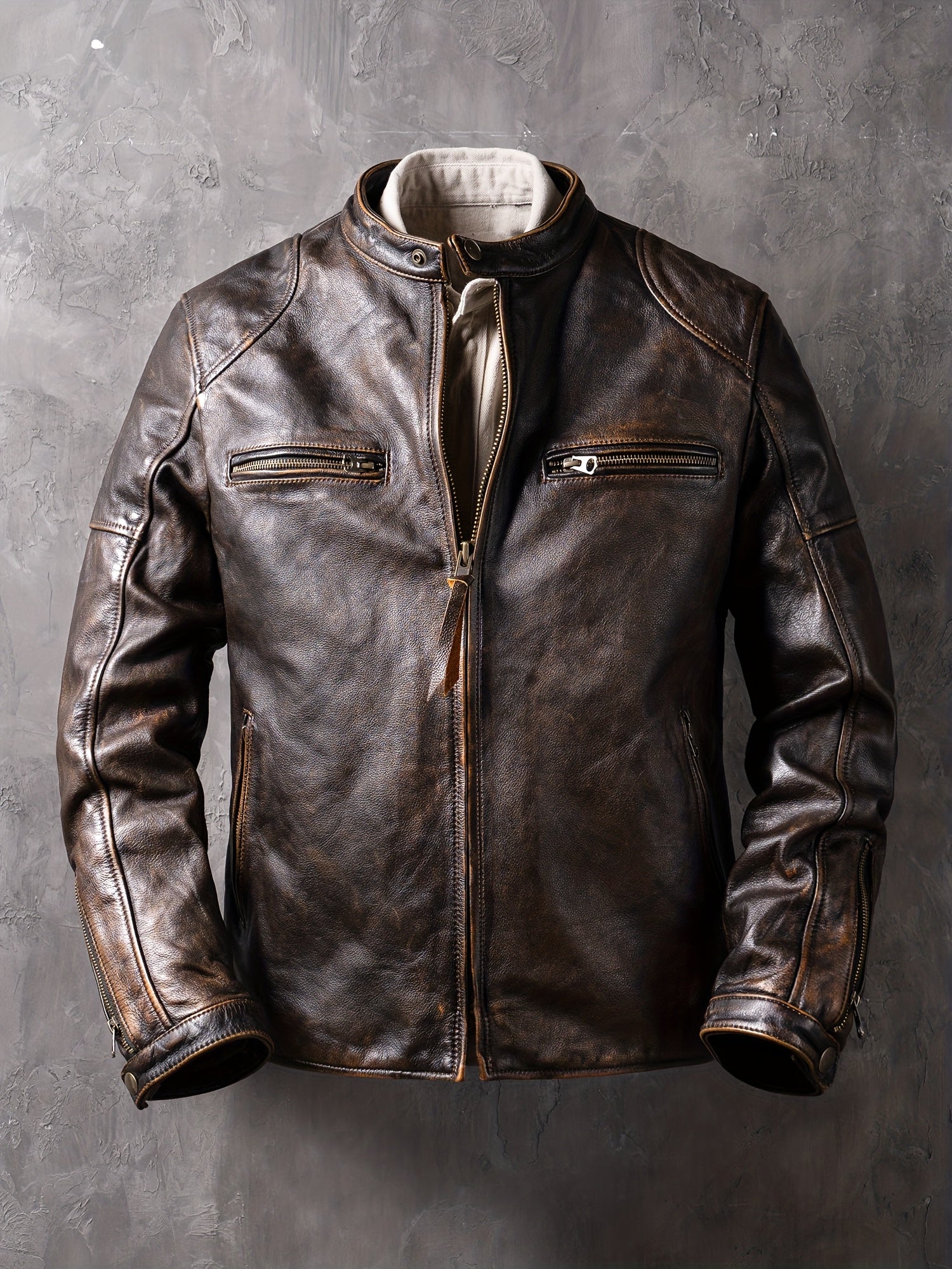 Men'S Vintage Style Jacket with Stand Collar, Zipper Closure, and Functional Pockets - Slim Fit, Long Sleeve, Casual Workwear Jacket in Brown