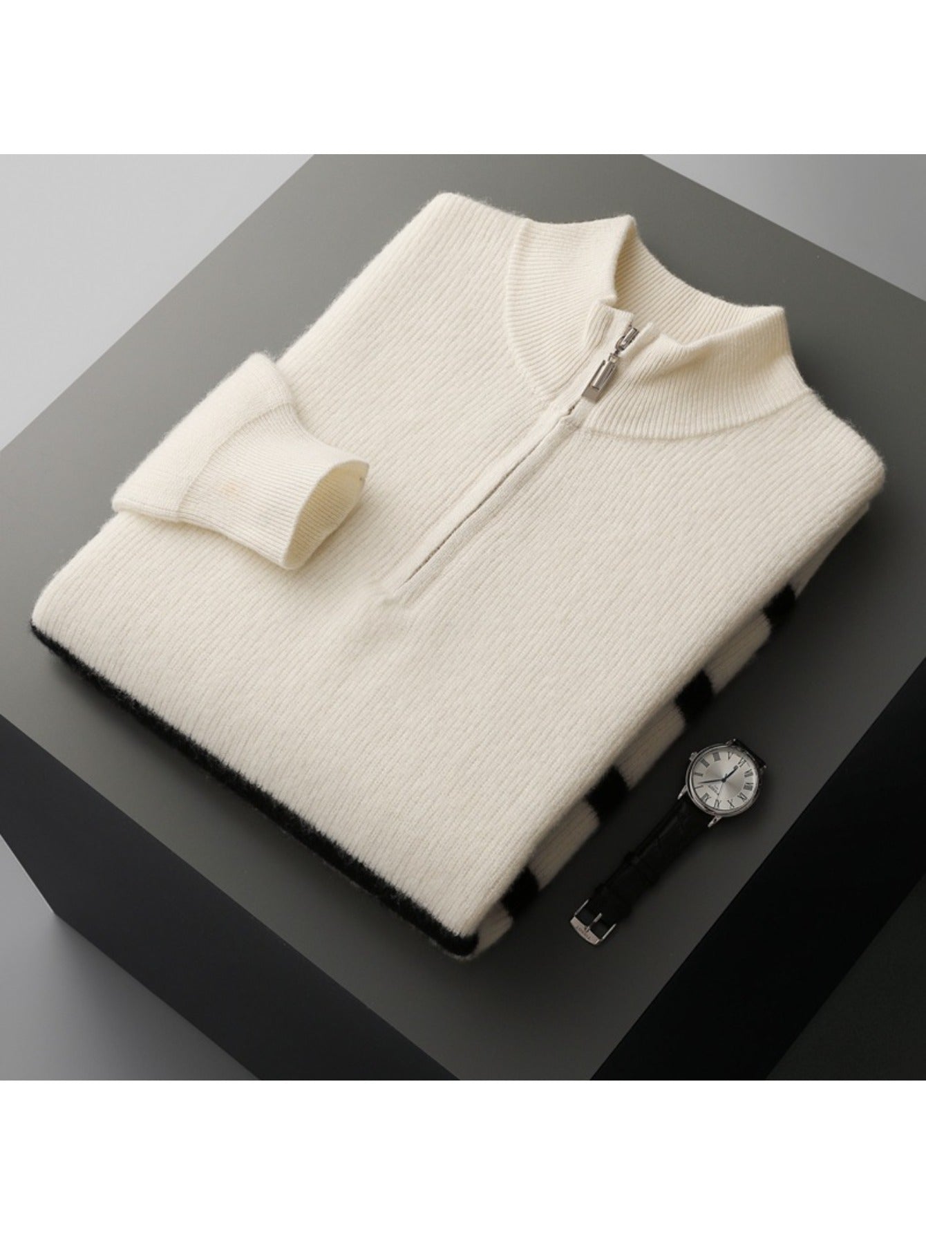 Mens 100% Velvet Quarter Zip Mock Neck Striped Sweater | Thickened Color Block Athletic Fit Thermal Comfort, Perfect for Fall\u002FWinter, Casual & Daily Wear, Knit