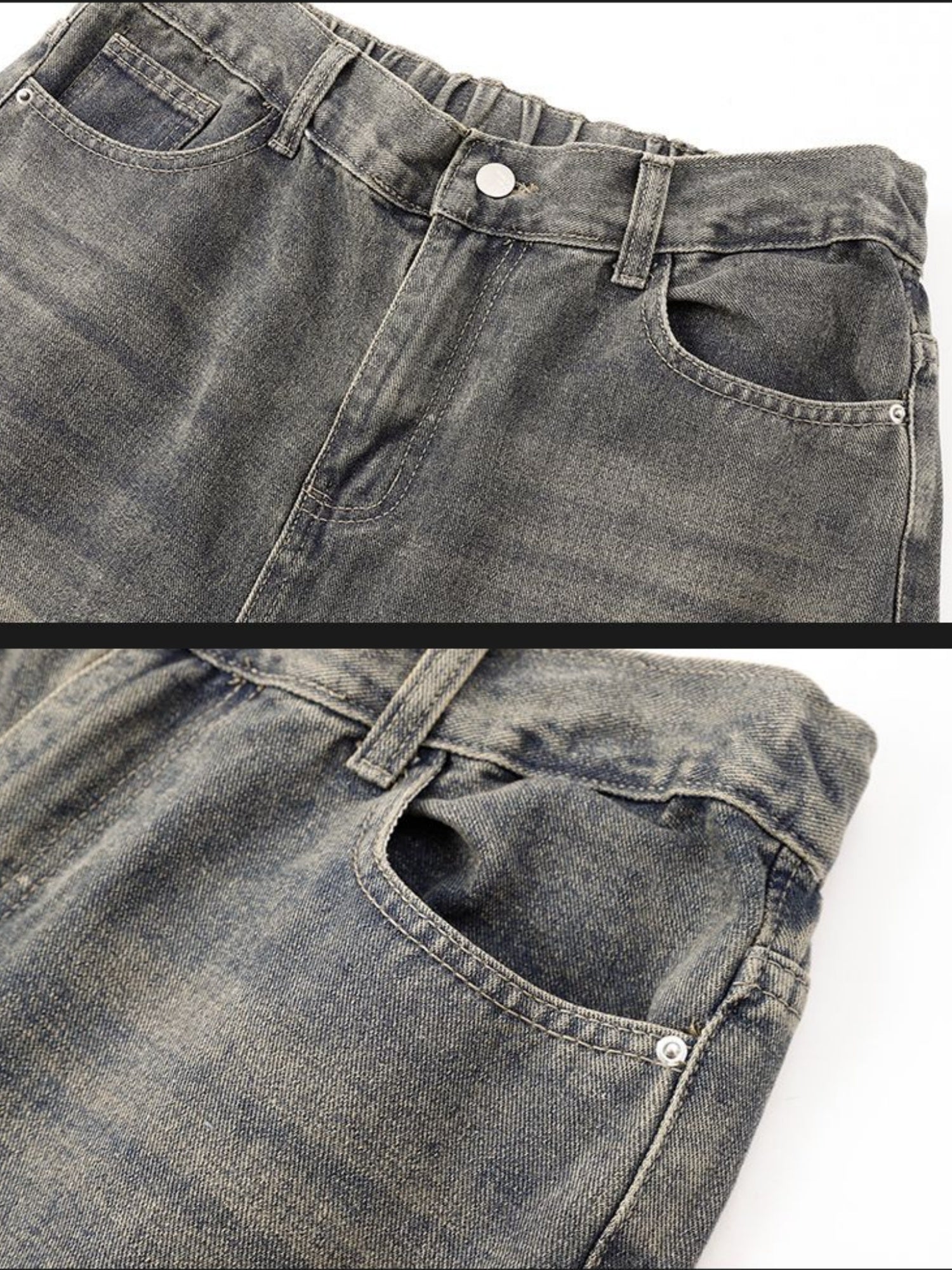 Men's -Lined Wide-Leg Workwear Jeans with Rivet & Wrinkle- - Vintage Distressed Straight-Leg Pants for High-Street Style, Winter (Machine Washable) | Solid Color Casual Outfit for Tall Users