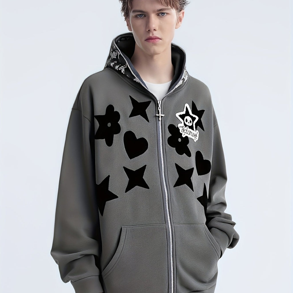 Men'S Casual Hooded Jacket with Full-Zip Closure & Star Print - & Geometric Design, Regular Fit, Lightweight Fabric, Casual Outerwear for Everyday & Formal, Jacket Hoodie, Streetwear Fashion, Urban Style, Streetwear Lovers