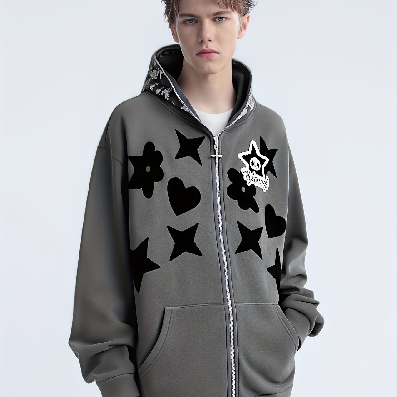 Men'S Casual Hooded Jacket with Full-Zip Closure & Star Print - & Geometric Design, Regular Fit, Lightweight Fabric, Casual Outerwear for Everyday & Formal, Jacket Hoodie, Streetwear Fashion, Urban Style, Streetwear Lovers