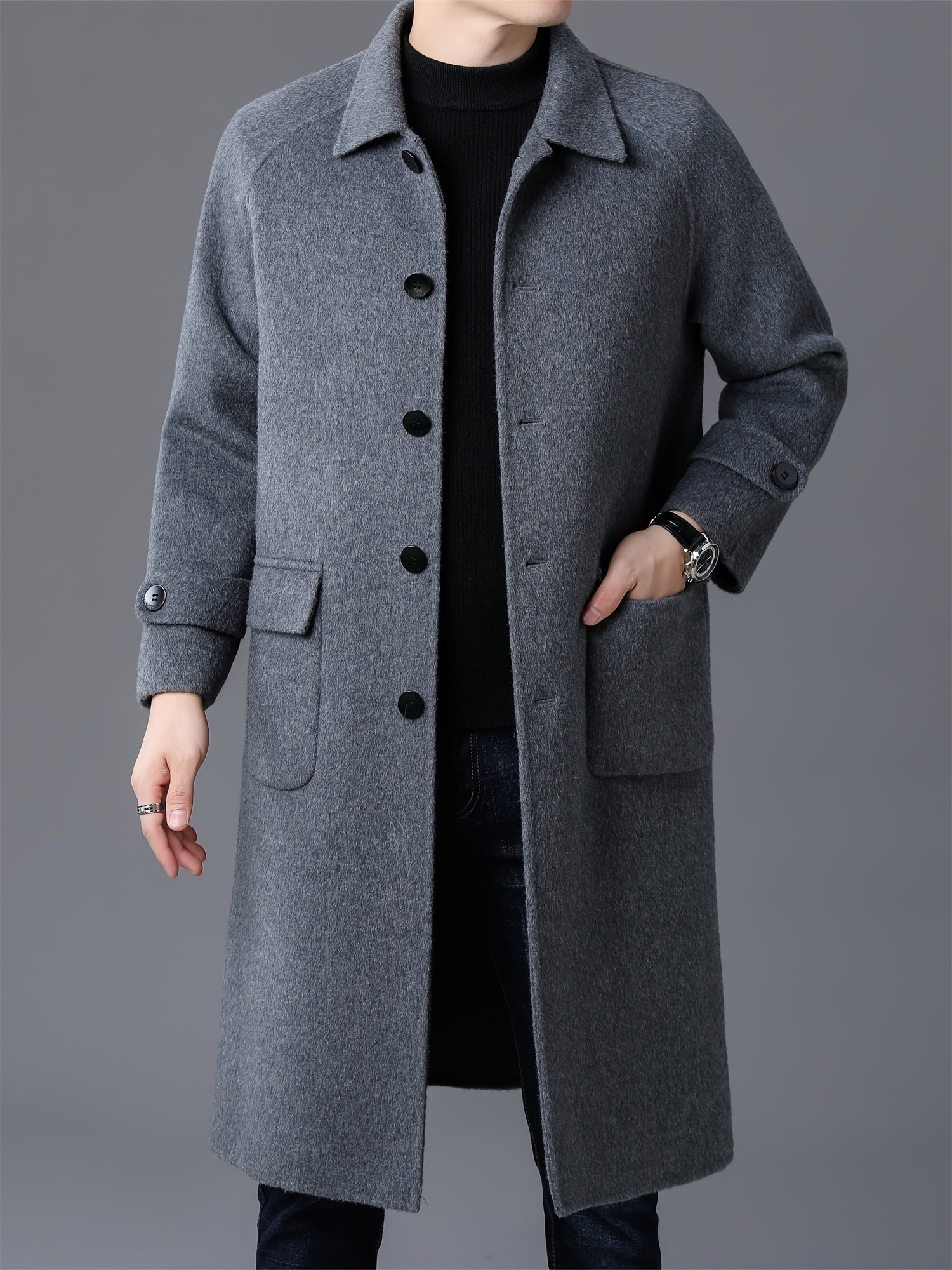 Men's Wool Jacket and Coat, Autumn and Winter Over-the-Knee Double-Breasted Tweed Coat, Single Button Stand Collar, Casual Elegant Style, Perfect Birthday Gift for Men