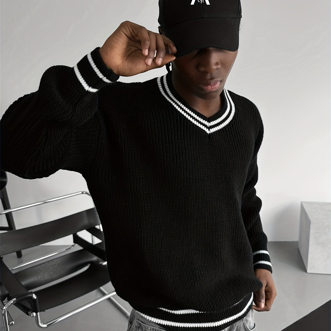 Men's Black & White V-Neck Sweater - Winter Warm Knit Sweater Jacket with Contrast Collar &, Casual Office School Commute Wear, Long Sleeve Button-Up Coat (No) for Fall\u002FWinter Layering