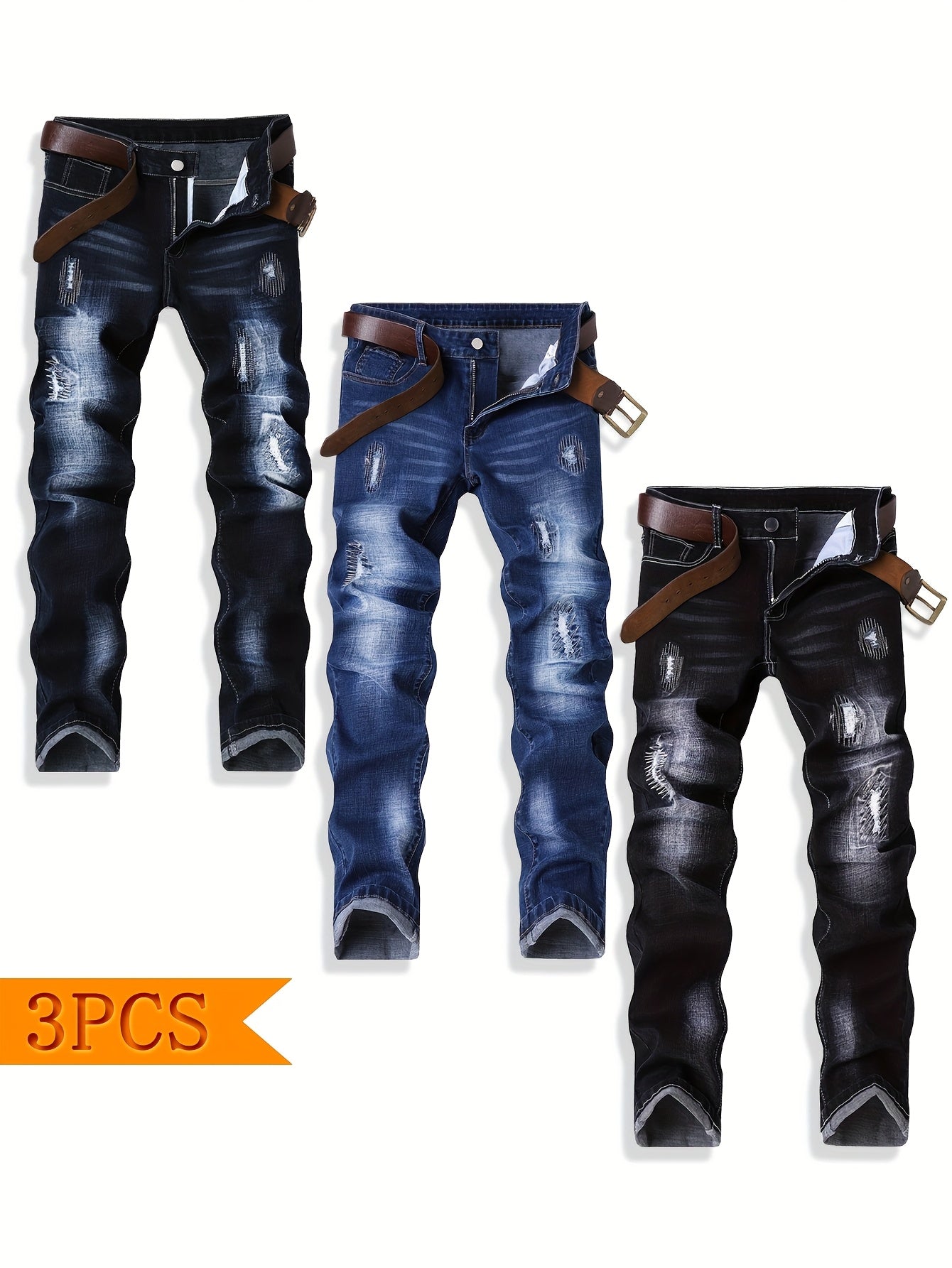 3pcs Men'S Slim-Fit Stretch Denim Jeans with Distressed Knee Rips & Embroidery - Casual All-Season Skinny Pants for Casual Attire, Allseason Jeans | Embroidered Denim | Stretch Denim Fabric