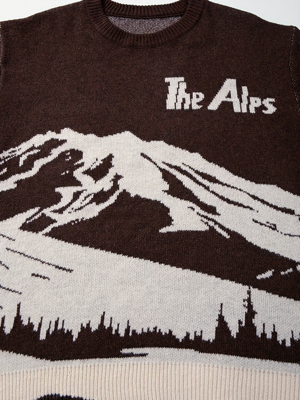 Winter Warm Sweater - Oversized Brown\Mountain Print Pullover with The Alps Lettering, Long Sleeve Round Neck Casual Coat for Skiing &, Hand Washable Loose Fit Sweater Jacket