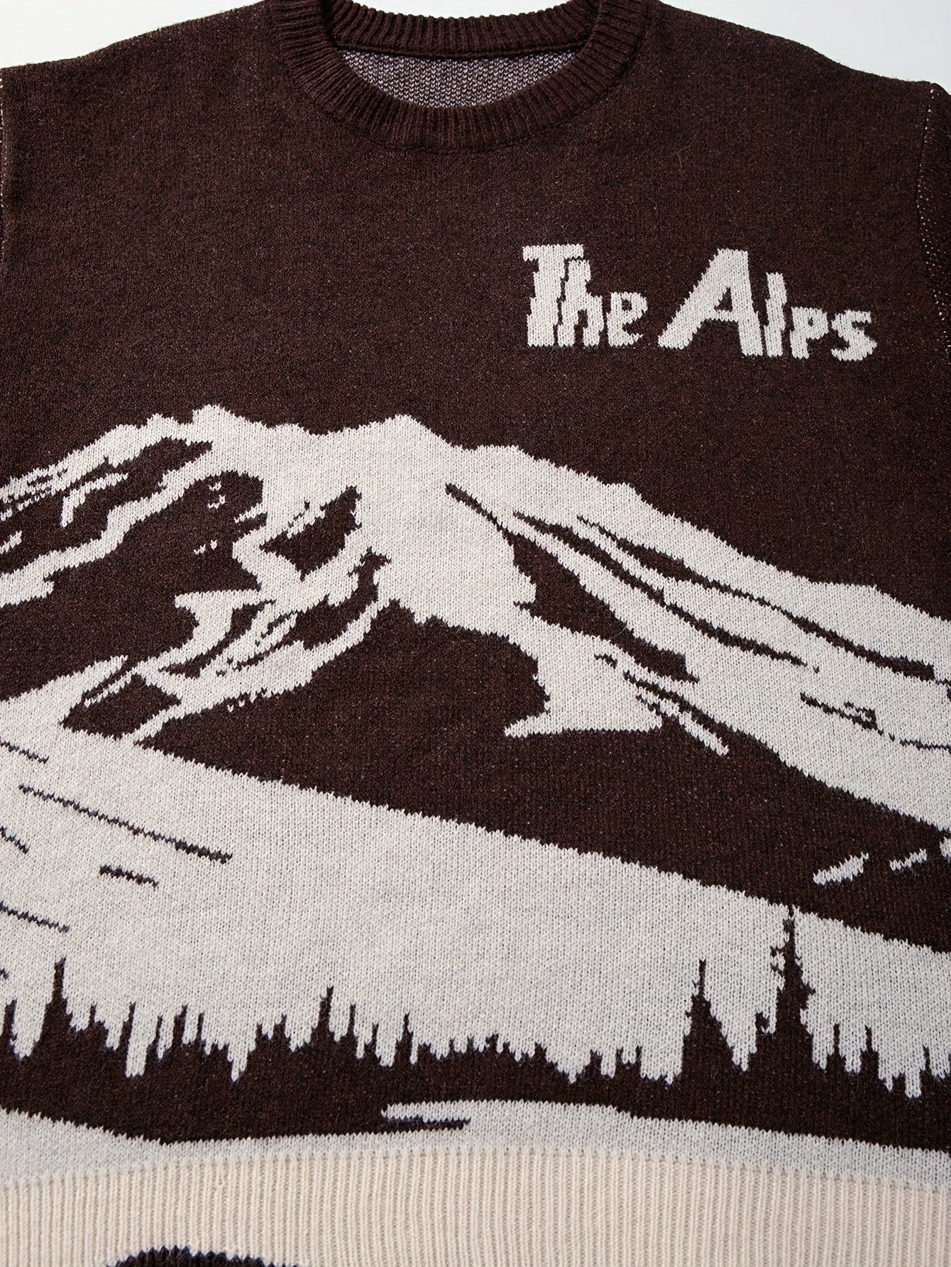 Winter Warm Sweater - Oversized Brown\Mountain Print Pullover with The Alps Lettering, Long Sleeve Round Neck Casual Coat for Skiing &, Hand Washable Loose Fit Sweater Jacket