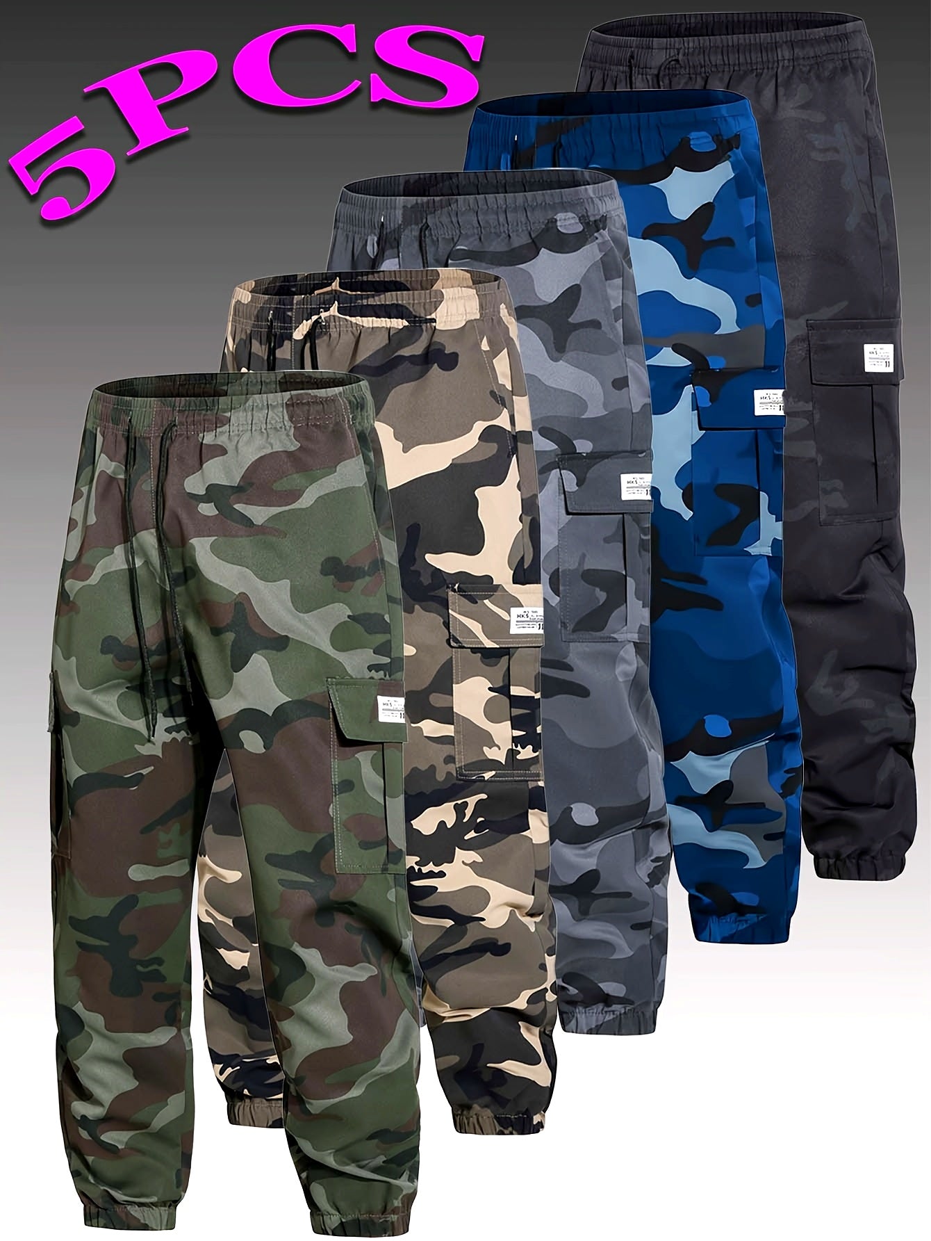 Five Pairs of Men's Sportswear Trousers - Multi-Functional Pockets - Suitable for All Seasons - Camouflage Pattern - Suitable for Work - Outdoor Activities - Mountain Climbing - Jogging (Black, Gray, Khaki, Lake Blue, Military Green)