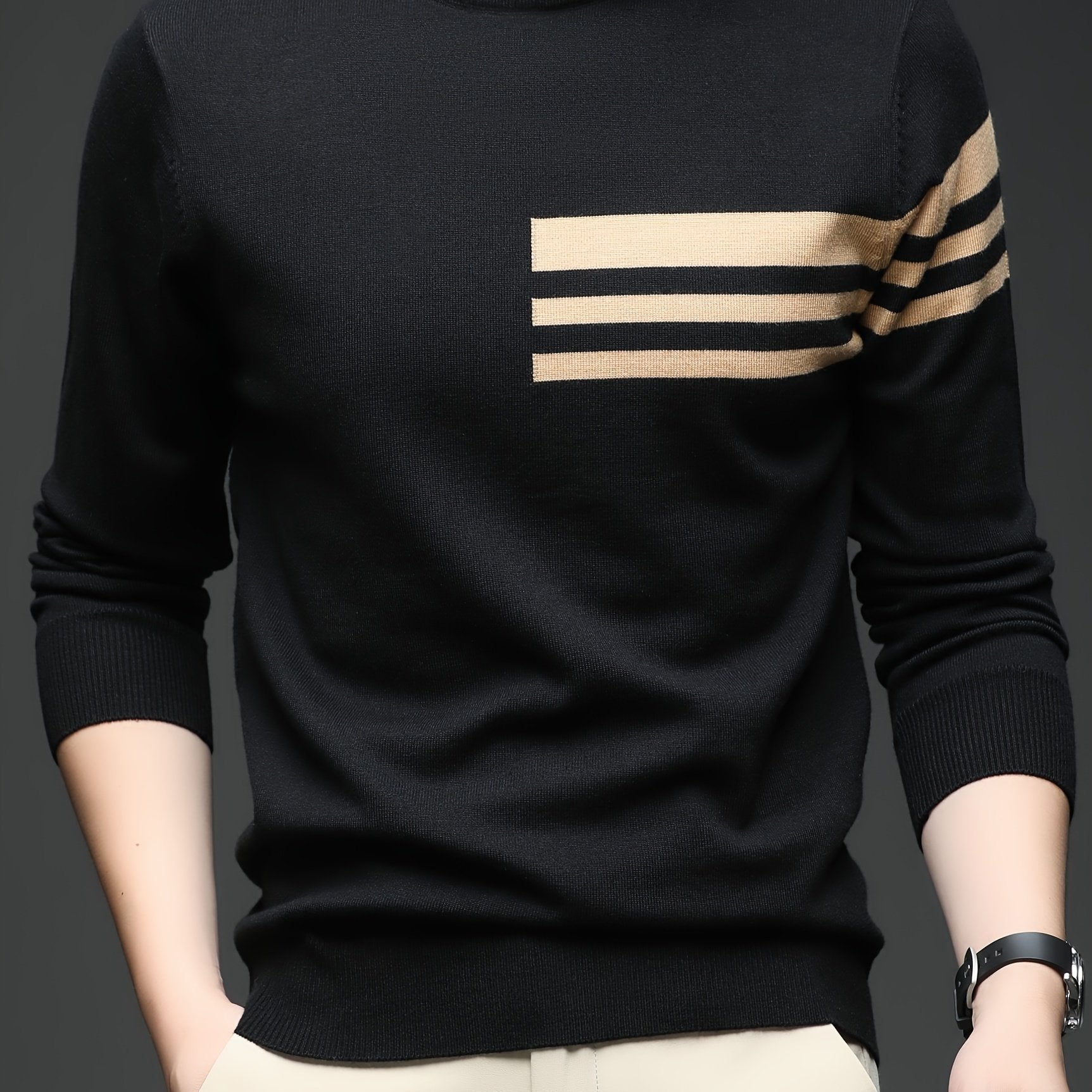 Men's New Round Neck Knit Sweater with Three-Stripe Decoration, Suitable for Autumn and Winter Layering, Fashionable Casual Outing and Dating