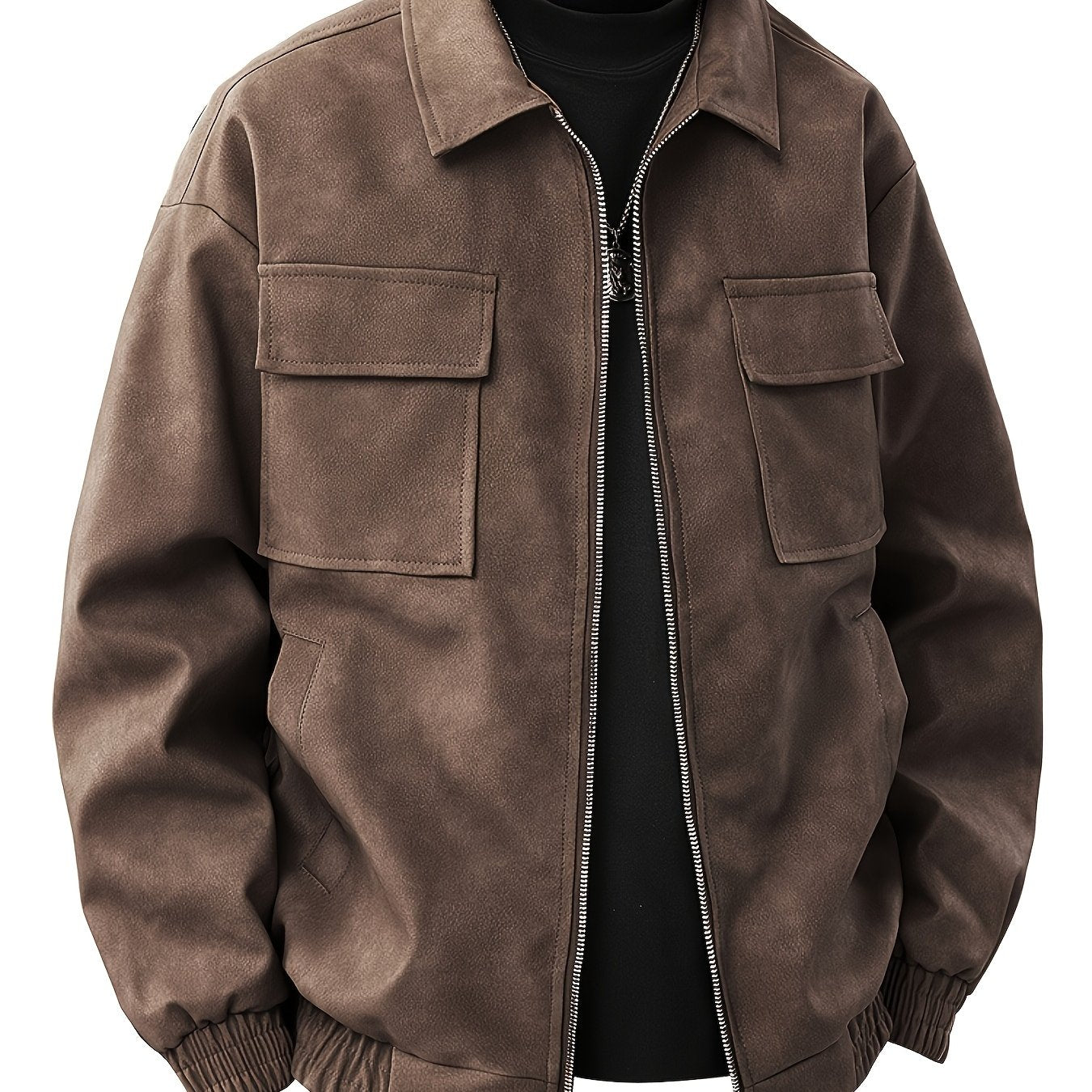 Men'S Large Size Windproof Faux Leather Bomber Jacket - Full-Zip Casual Coat with Stand Collar, Zippered Pockets & Lining, Brown\u002F Color Block Design, Golden-Tone Hardware - Spring\u002FFall Outerwear for Everyday & Semi-Formal Wear (Regular Fit