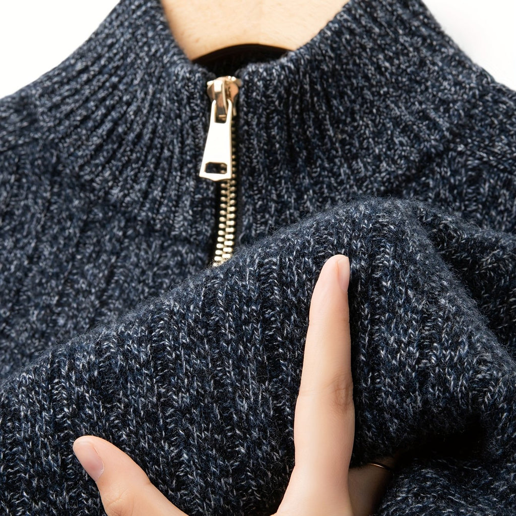 Men's 100% Wool High Neck Pullover Sweater with Zipper Detail - Casual Knit Fabric with Slight Stretch, Solid Color, Long Sleeve, Regular Fit Fall\u002FWinter Knitted Sweater