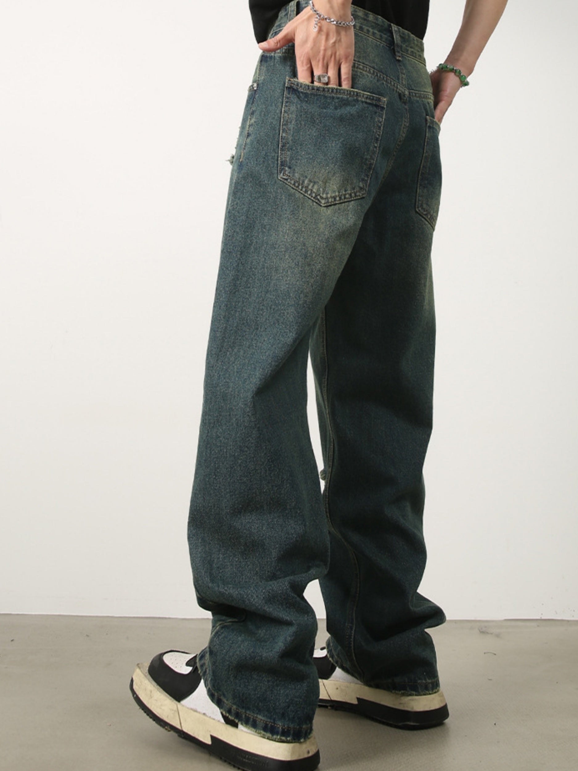 Men's Denim New Design Sense Street Dance Hip-hop Skateboard Hole Straight Leg Jeans Frosted Wide Leg Loose Casual Denim Pants